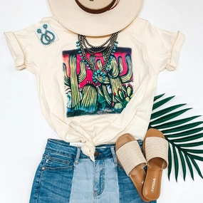 Paint Me in Palm Springs Short Sleeve Airbrush Cactus Graphic Tee in Ivory VentilatedMesh