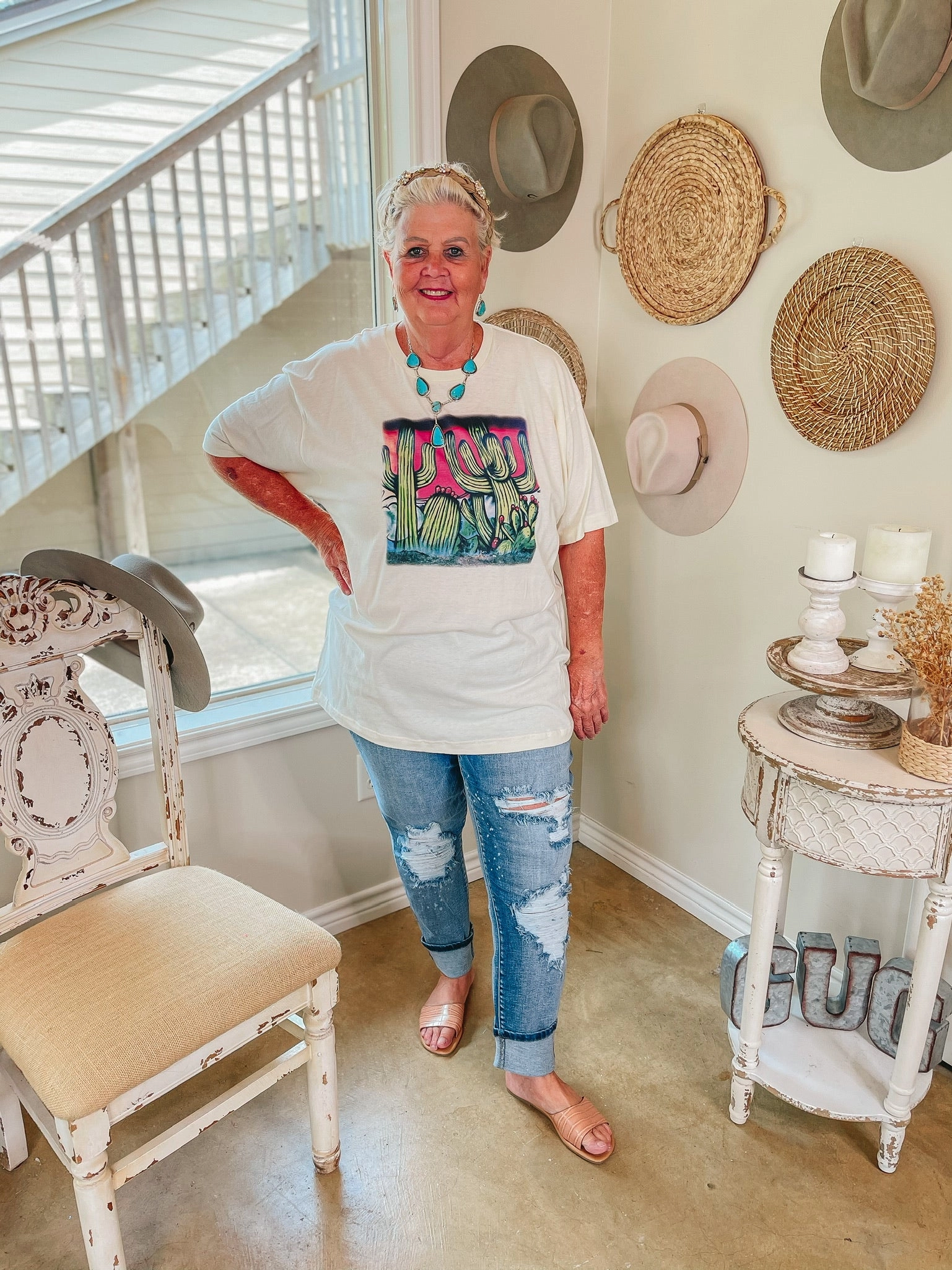 Beach Ready WrinkleFree Material Paint Me in Palm Springs Short Sleeve Airbrush Cactus Graphic Tee in Ivory