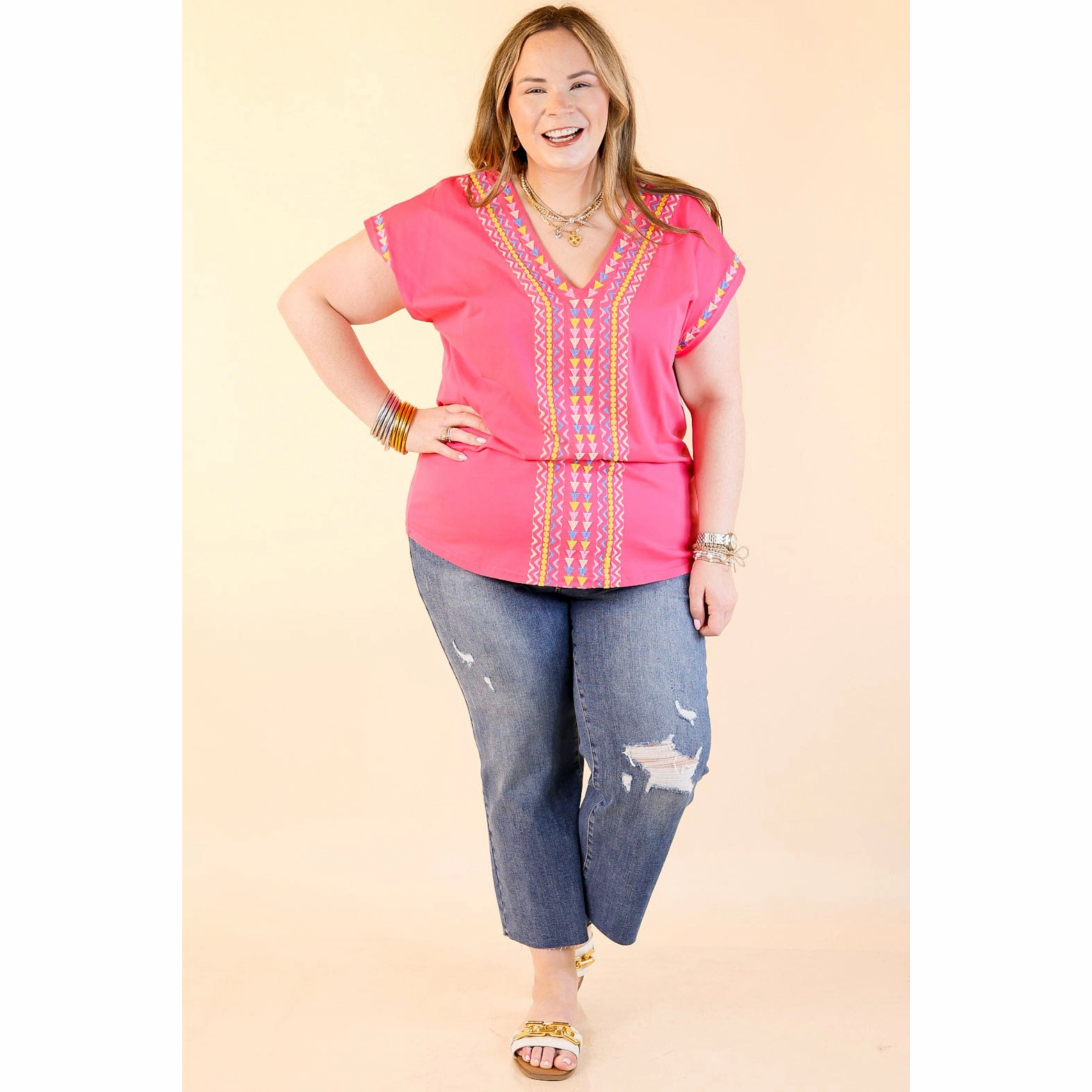 Paradise Found Embroidered Short Sleeve Top with V Neckline in Pink Vintage Pullover NonIrritating