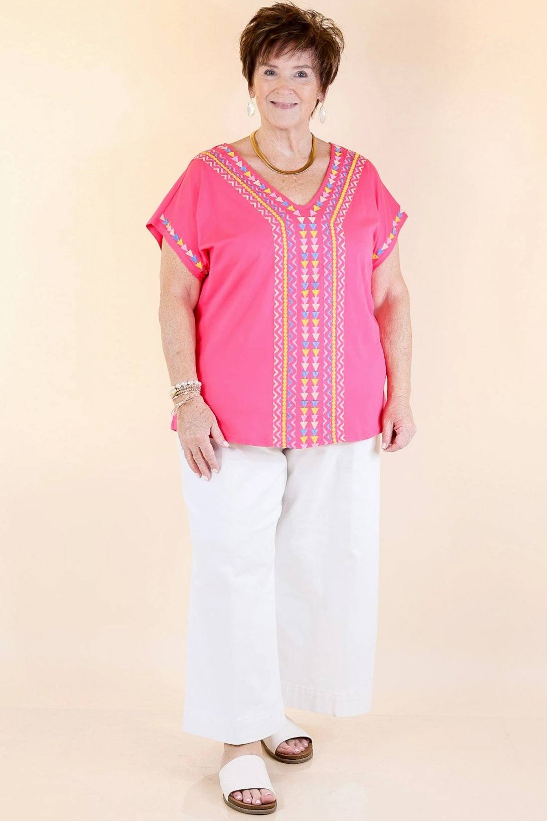 FrayResistant Fabric Paradise Found Embroidered Short Sleeve Top with V Neckline in Pink
