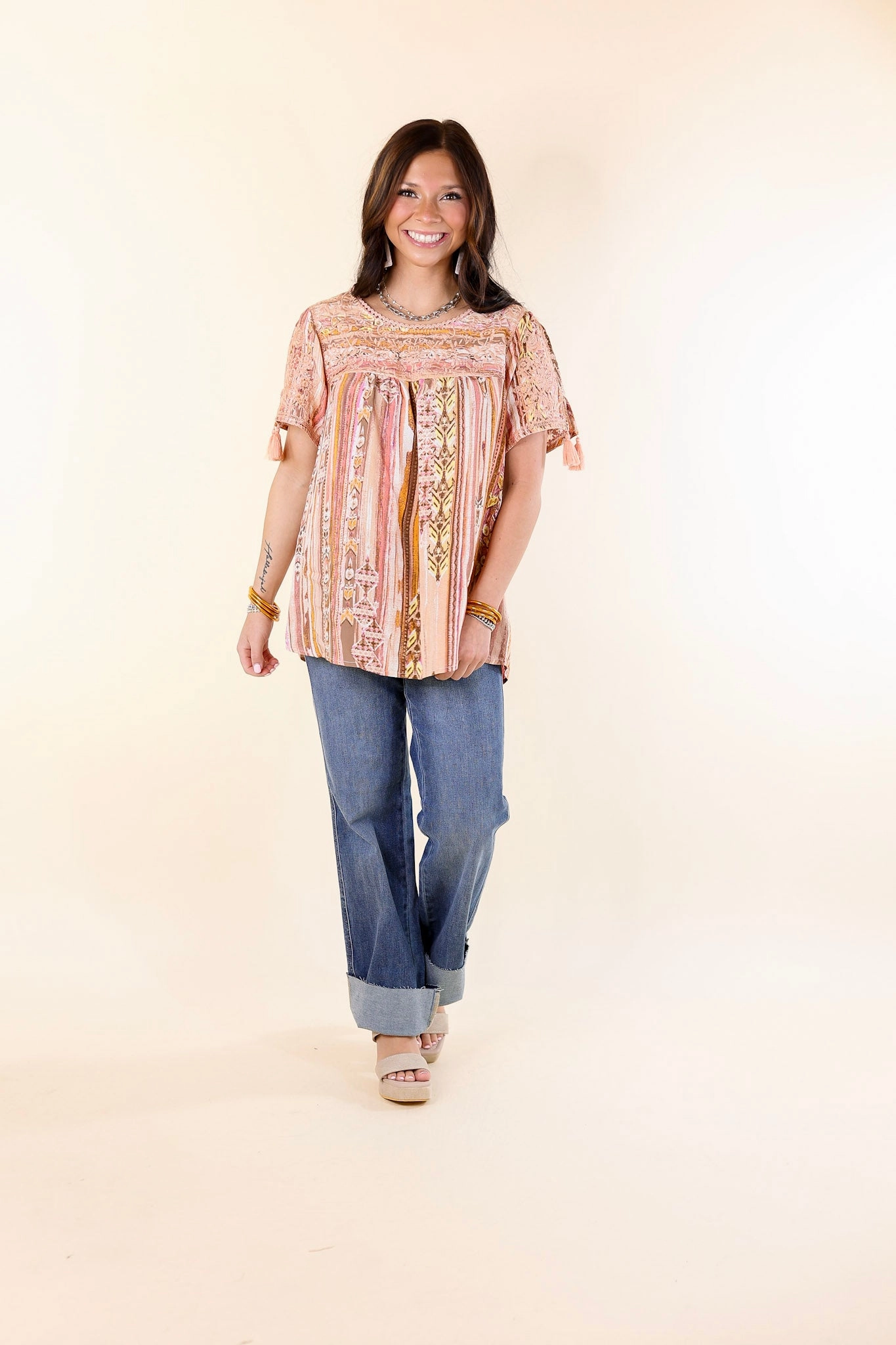 Anti Static Finish networking event Sweet And Charming Striped Top with Floral Print Embroidery in Dusty Pink Mix