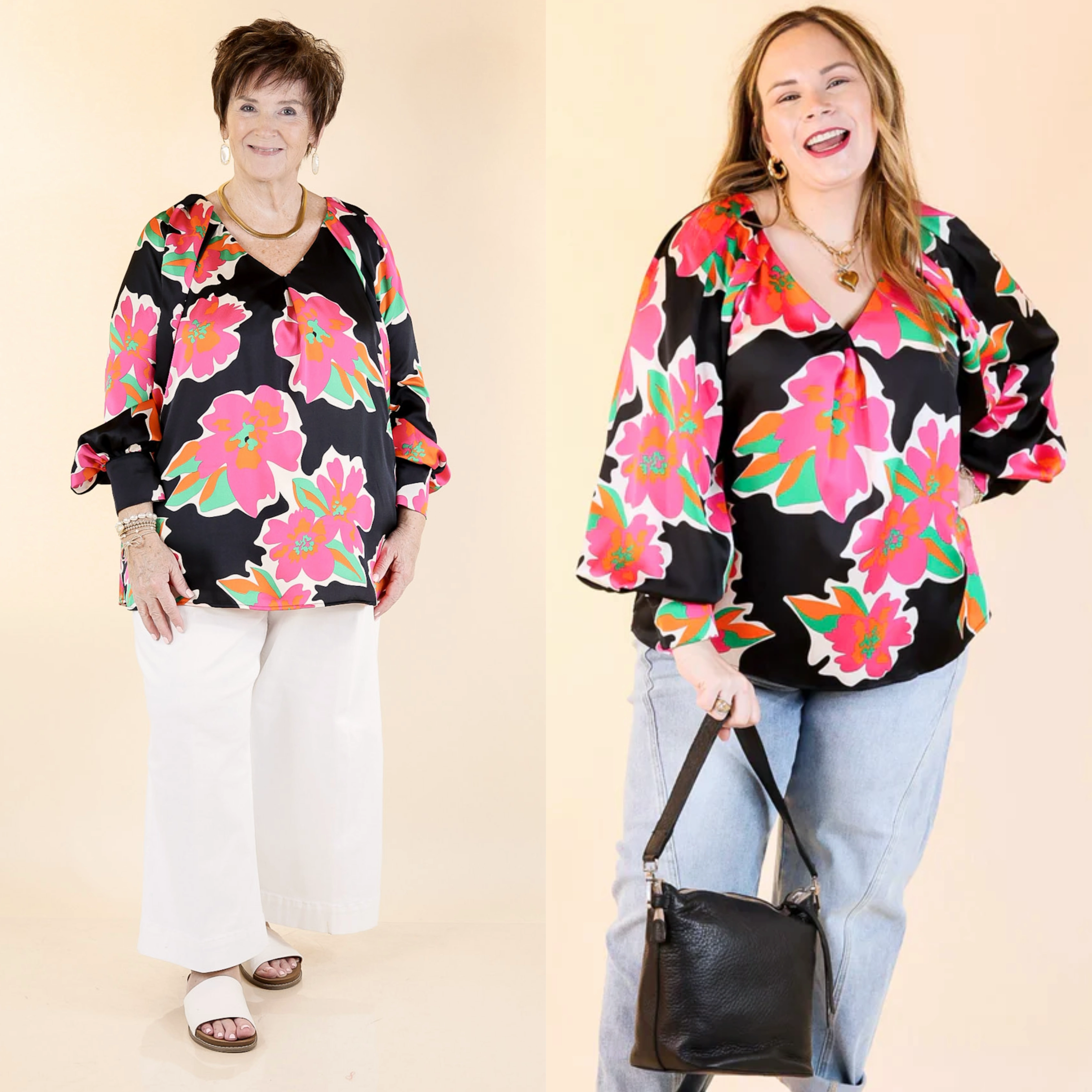 comfortable option Seamless construction Peony Path Long Sleeve Floral Top with V Neckline in Black