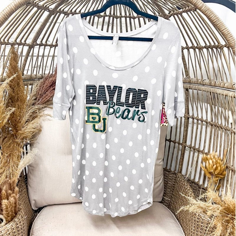 StainlessZippers Last Chance Size Small & 2XL | Spotted Baylor Bears Top in Gray