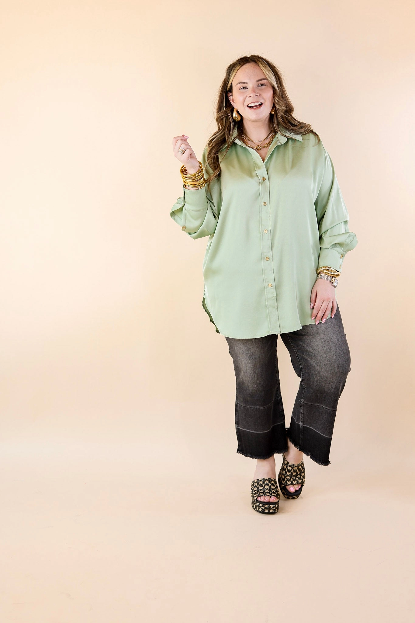 Tell Me Something Good Long Sleeve Button Up Top in Sage Green Fast Drying Monochrome Palette