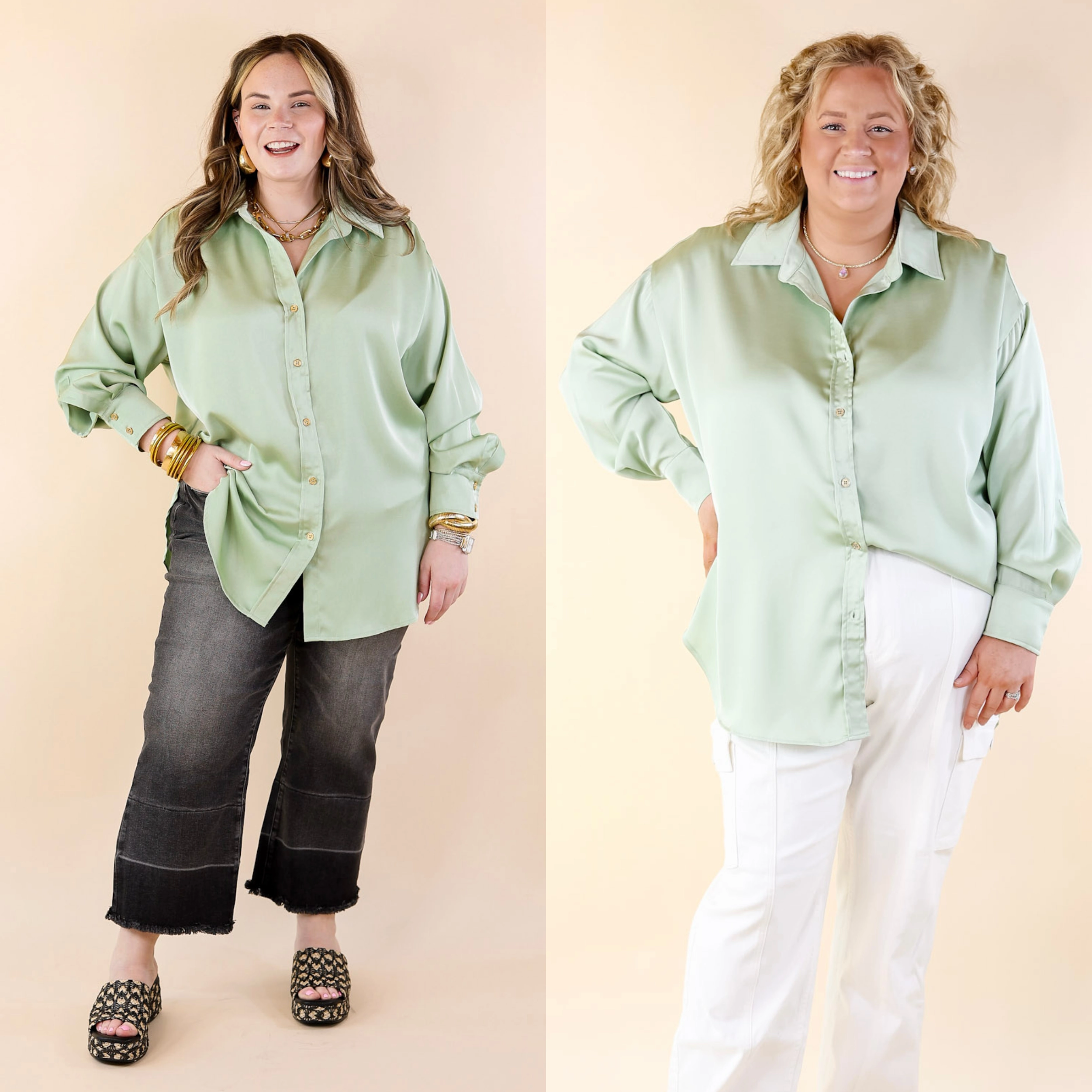Casual Friday Tell Me Something Good Long Sleeve Button Up Top in Sage Green