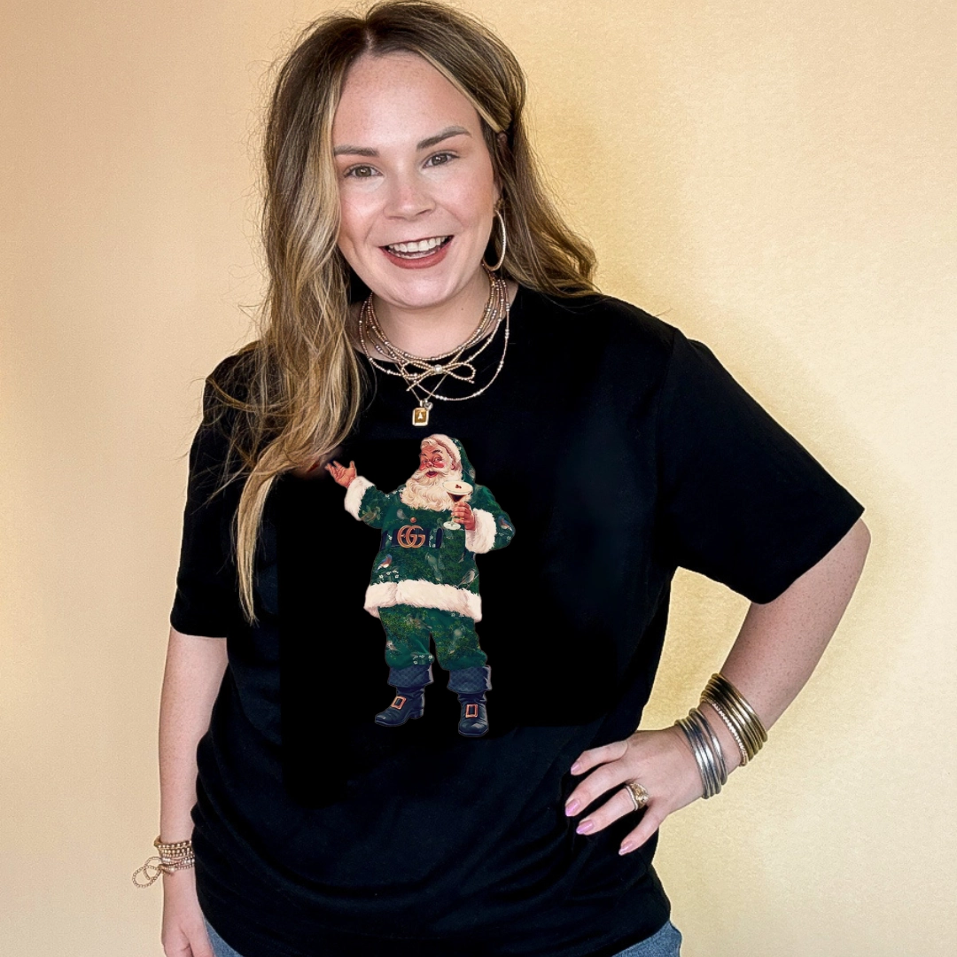 All-Season Comfort Wear Ribbed Collar Design Online Exclusive | Designer Santa with Espresso martini Graphic Tee in Multiple Color Options