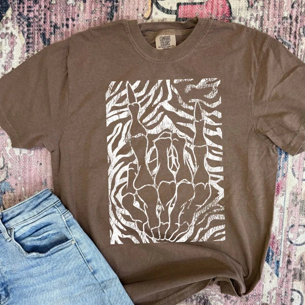 Online Exclusive | Zebra Rock N Roll Skeleton Hand Graphic on Short Sleeve Comfort Color Tee in Espresso Brown Comfortable Weave