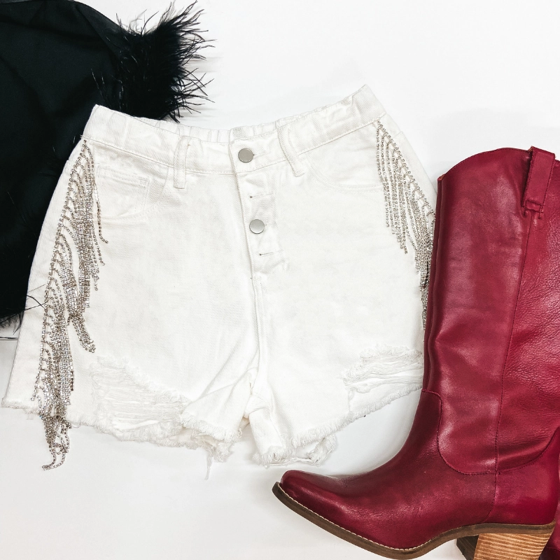 Student Cool Spring Glow Broadway Girls Crystal Fringe Distressed Denim Shorts in Ivory