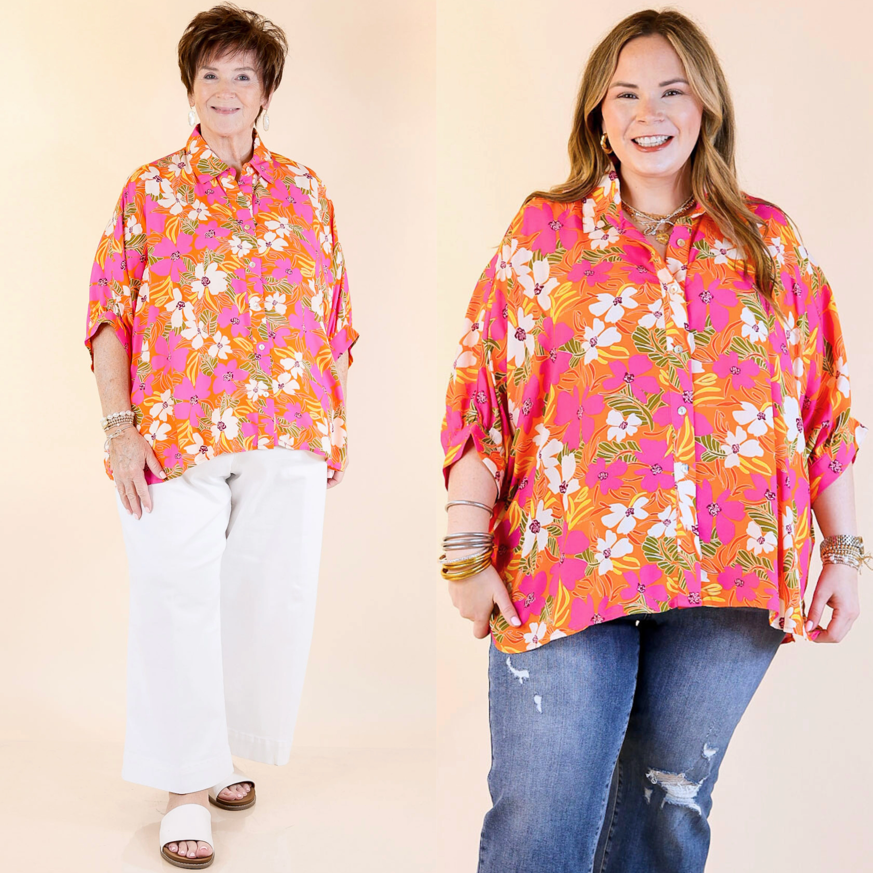 Bright Lifestyle Button Up Half Sleeve Floral Poncho Top in Orange Mix Chilly Weather Wear