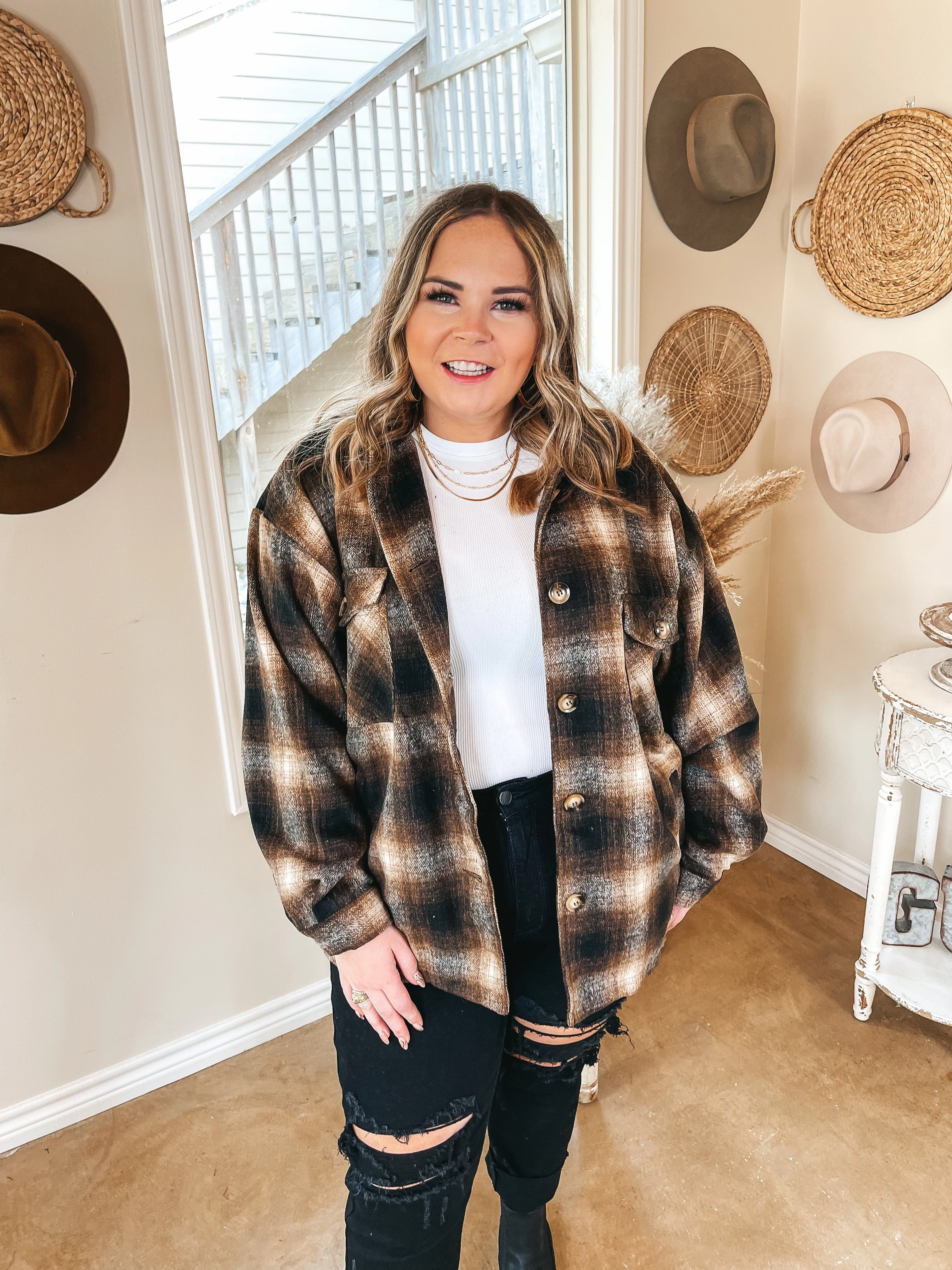 UVProtective Coating Original Idea Plaid Button Up Shacket in Brown