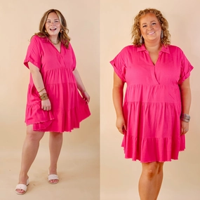 Casual Shirt Taos Transitions Ruffle Tiered Collared Dress with Frayed Hem in Hot Pink