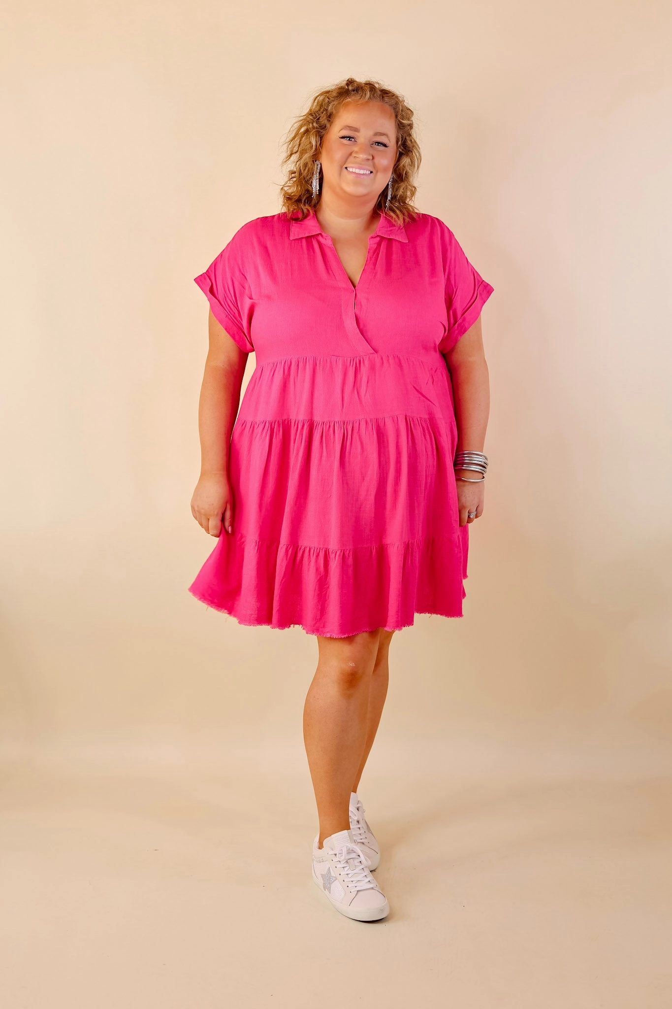 Craft Edge Stylish Jeans Taos Transitions Ruffle Tiered Collared Dress with Frayed Hem in Hot Pink