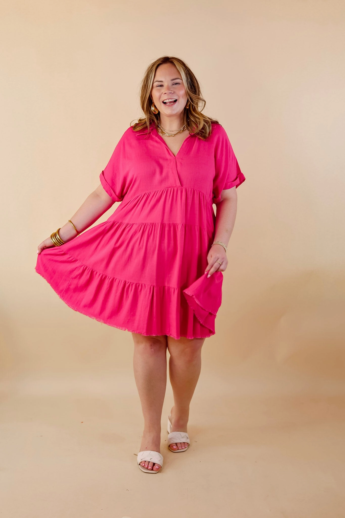 WindproofInterior Breathable mesh Taos Transitions Ruffle Tiered Collared Dress with Frayed Hem in Hot Pink