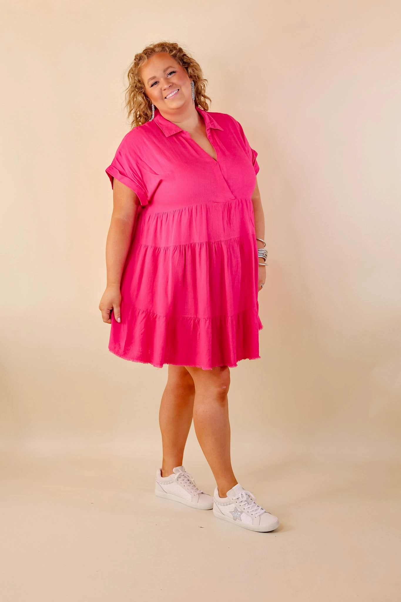Tale Core QuickDryingTech Taos Transitions Ruffle Tiered Collared Dress with Frayed Hem in Hot Pink