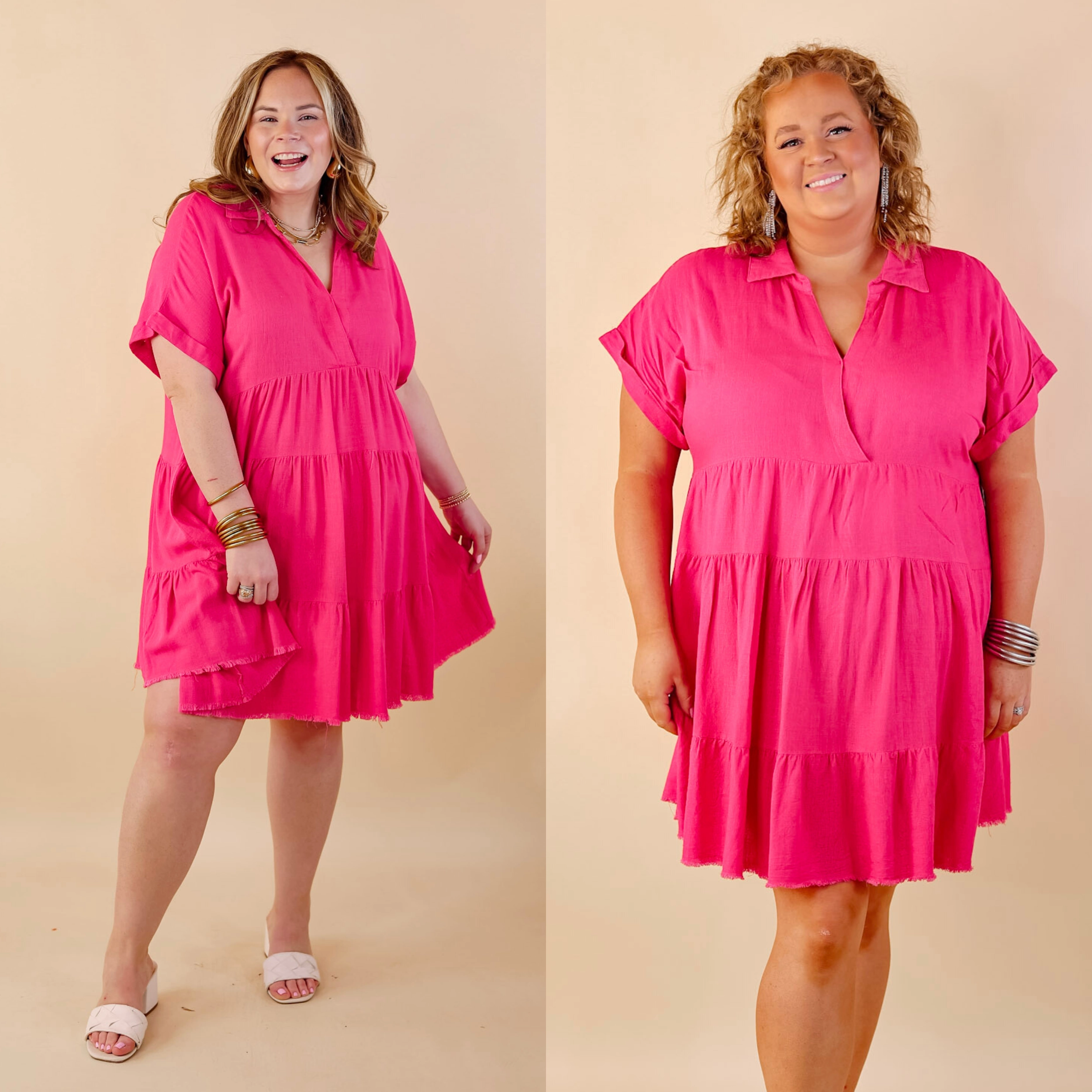 Casual Shirt Taos Transitions Ruffle Tiered Collared Dress with Frayed Hem in Hot Pink
