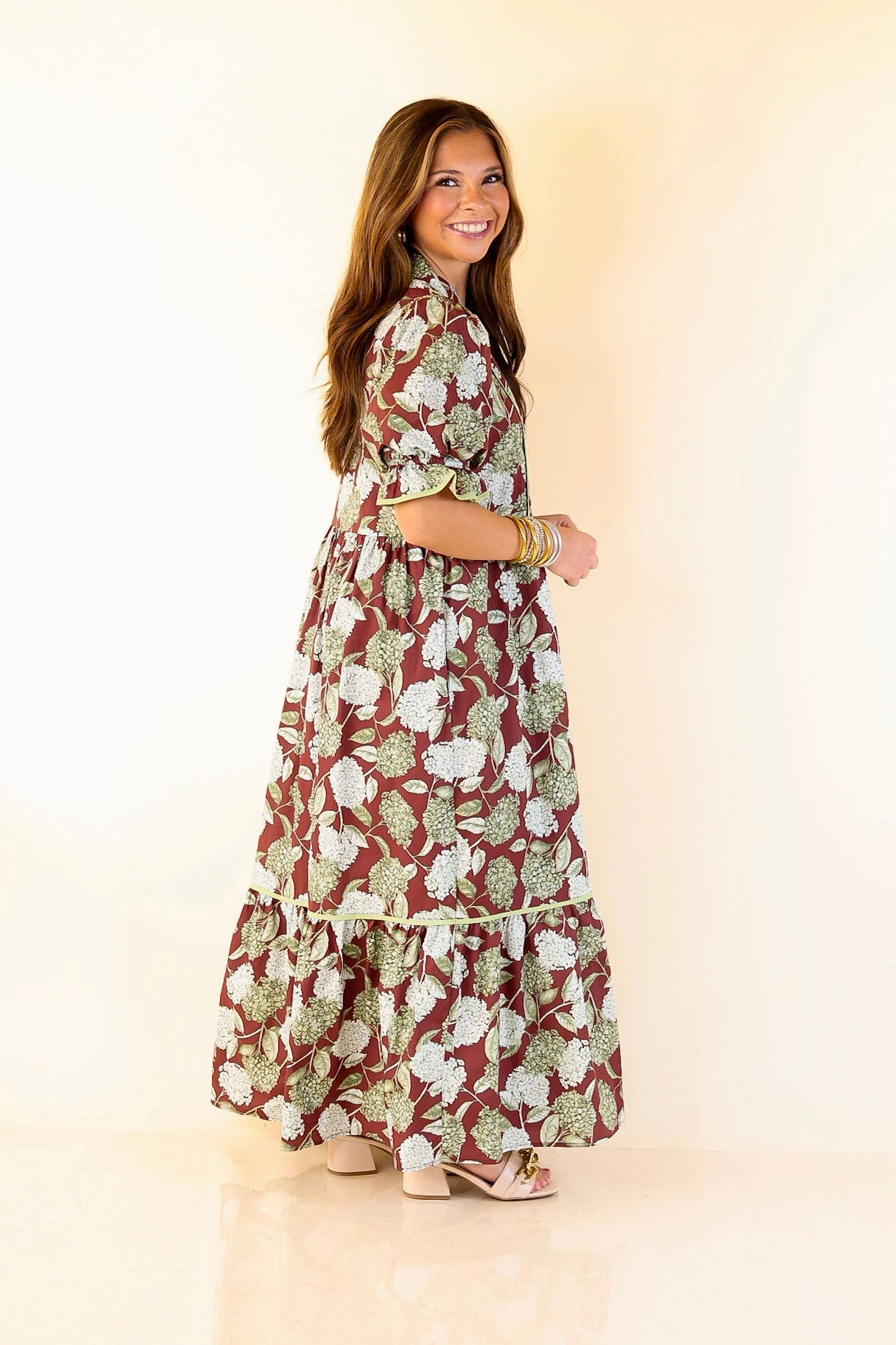 Petals & Poetry Hydrangea Floral Puff Sleeve Tiered Maxi Dress in Maroon Magic Day Evening Glow