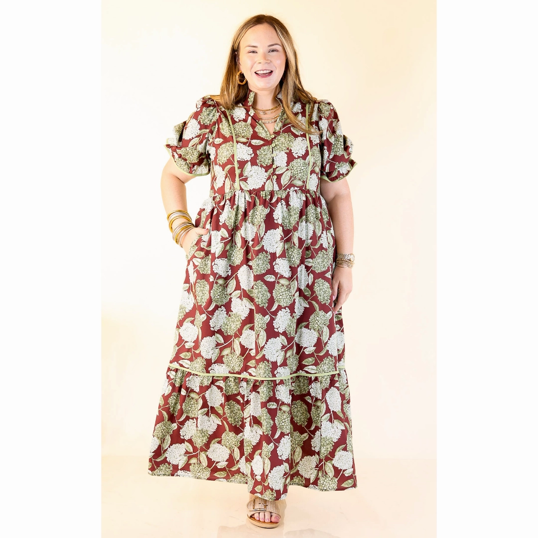 Petals & Poetry Hydrangea Floral Puff Sleeve Tiered Maxi Dress in Maroon Daily Option
