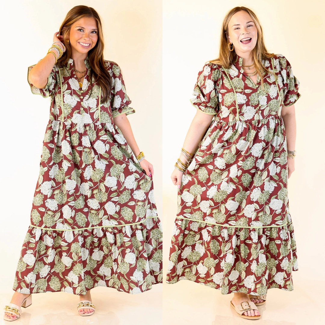 Light Bow Regular-fit Petals & Poetry Hydrangea Floral Puff Sleeve Tiered Maxi Dress in Maroon