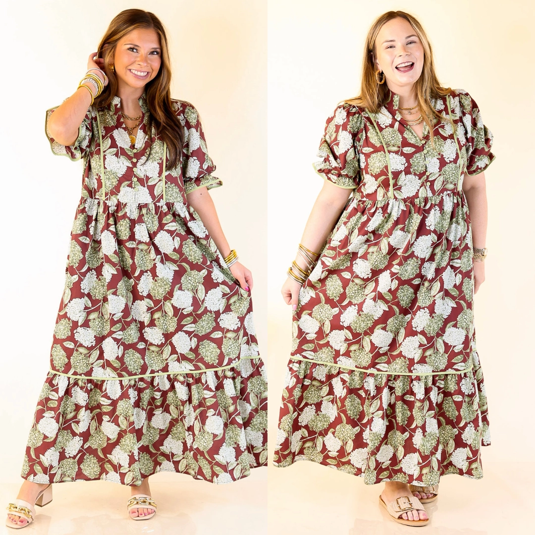 Water-resistant Lower Hem Petals & Poetry Hydrangea Floral Puff Sleeve Tiered Maxi Dress in Maroon
