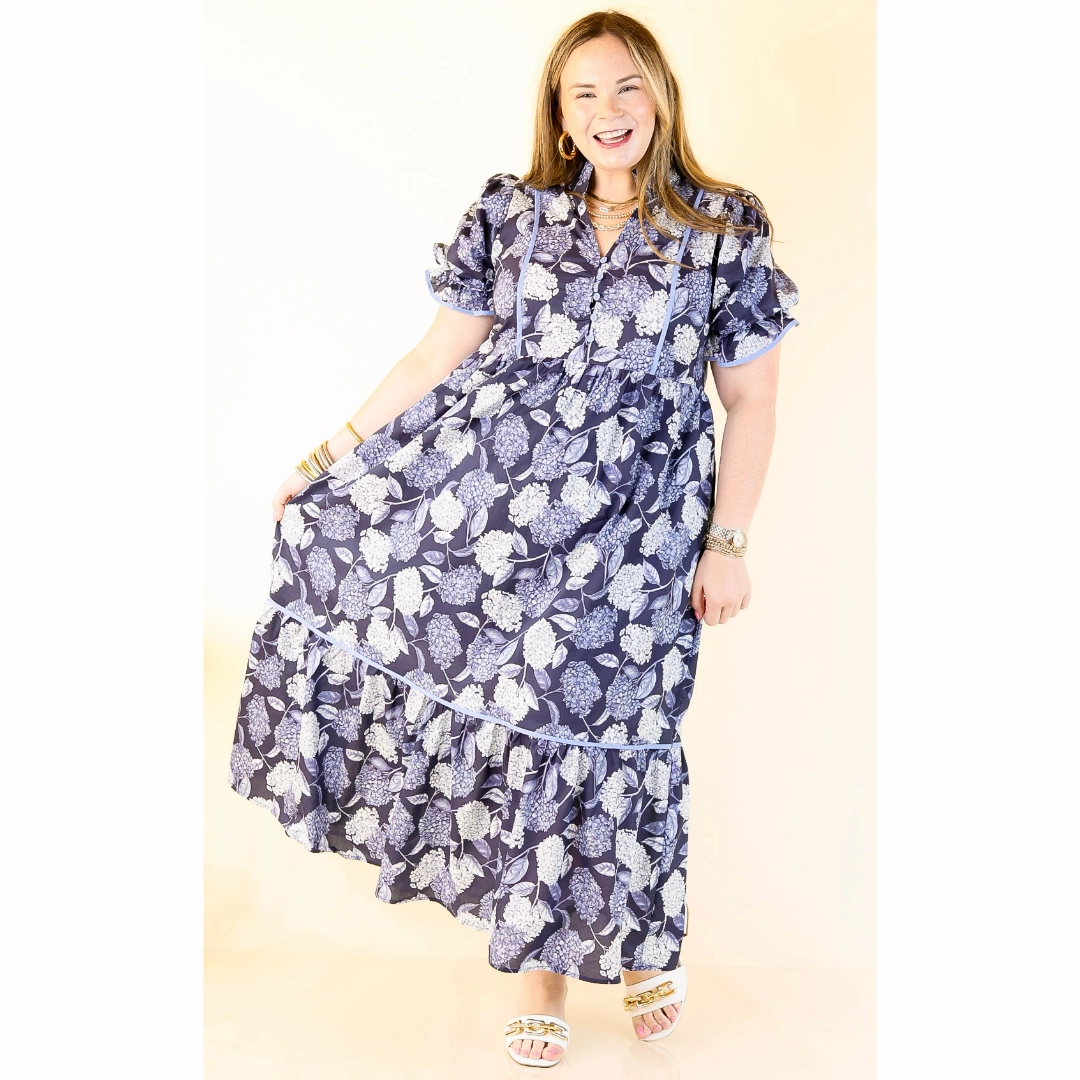 Light Fit Structured-Shape Petals & Poetry Hydrangea Floral Puff Sleeve Tiered Maxi Dress in Navy Blue