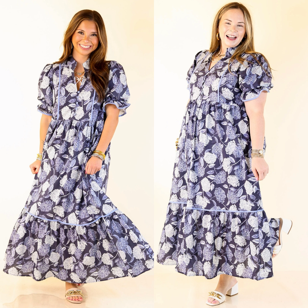 Quick Drying Bold Color Petals & Poetry Hydrangea Floral Puff Sleeve Tiered Maxi Dress in Navy Blue