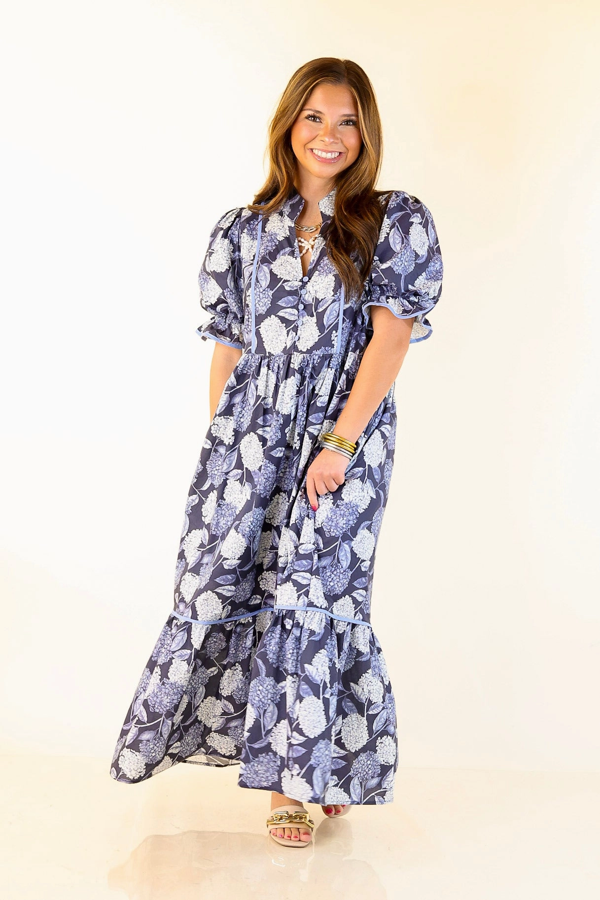 Petals & Poetry Hydrangea Floral Puff Sleeve Tiered Maxi Dress in Navy Blue Bloom Zone