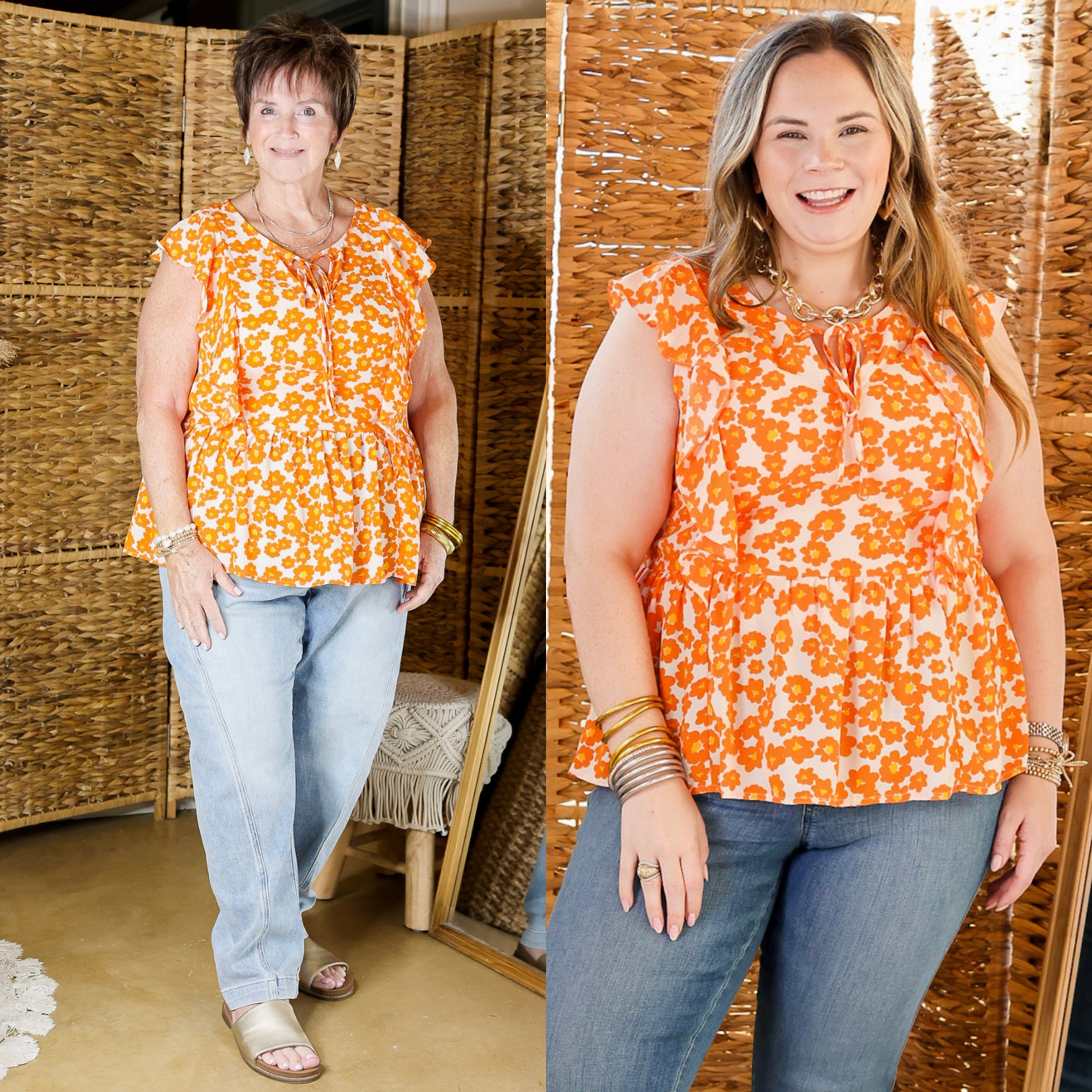 Picking Petals Floral Babydoll Top with Front Keyhole in Orange Effortless Comfort Stylish Comfort