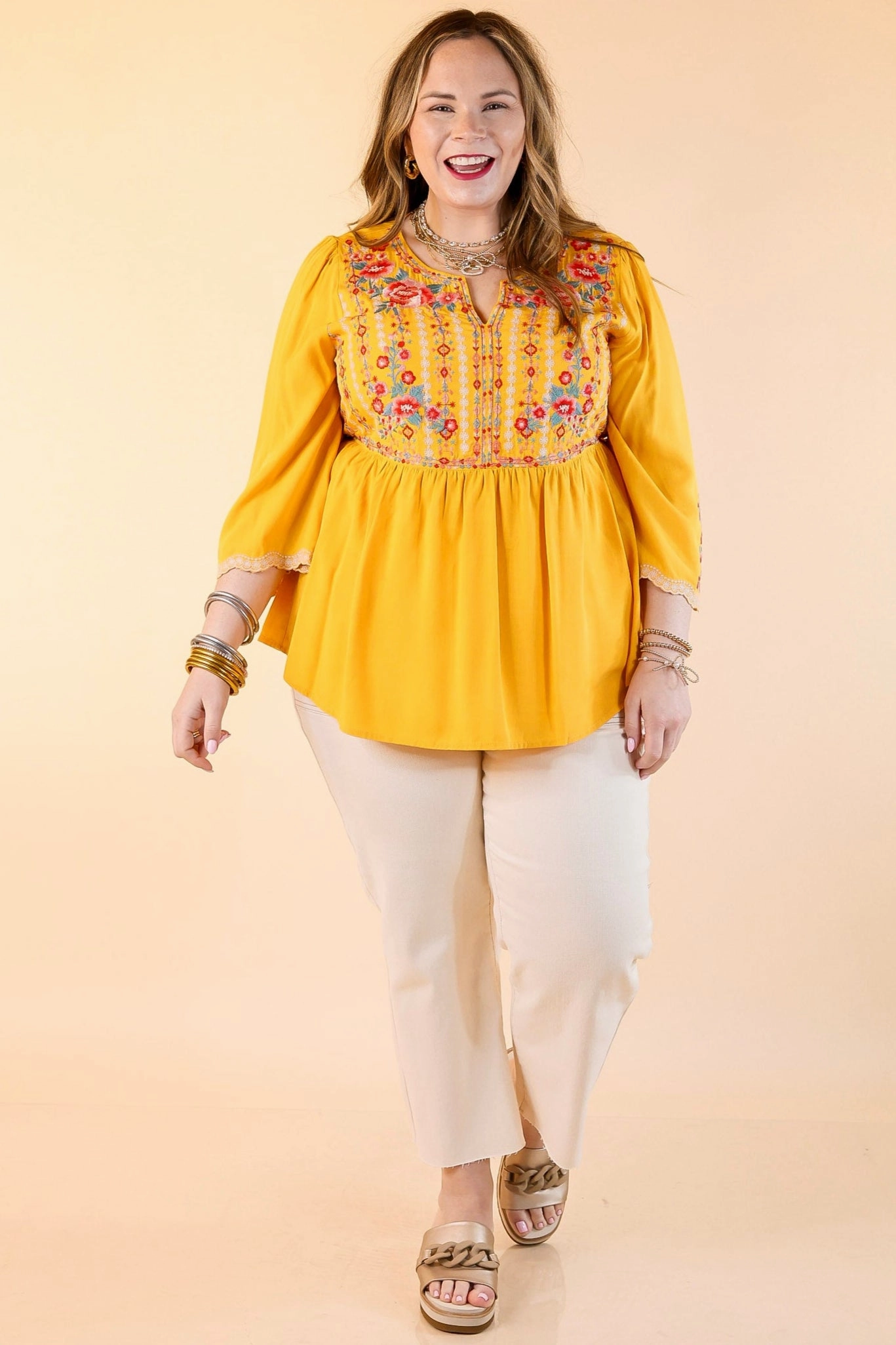Polo Style Smart Casual Already Mine 3/4 Bell Sleeve Embroidered Babydoll Top in Mustard Yellow