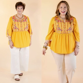Smart Design Already Mine 3/4 Bell Sleeve Embroidered Babydoll Top in Mustard Yellow