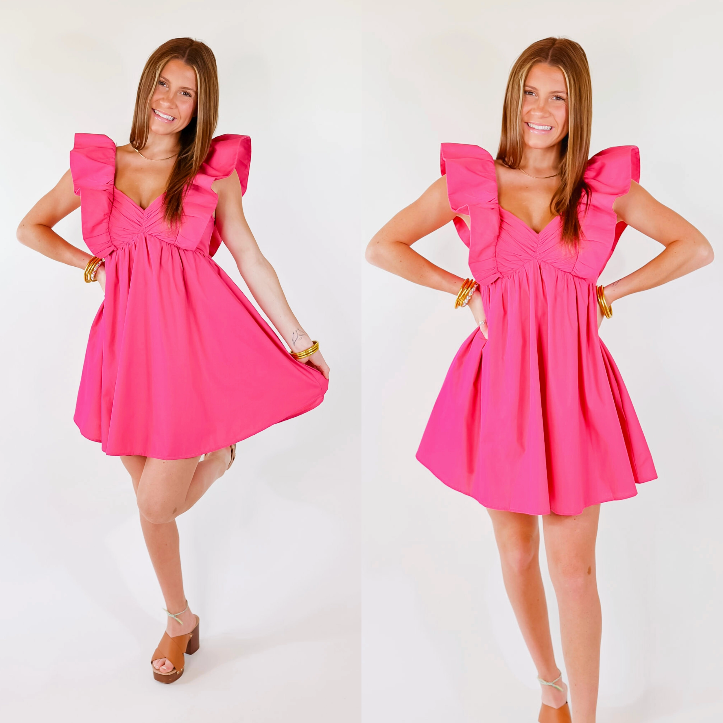 Pixie Perfect Ruffled Sleeve V Neck Dress in Pink Draped-Style