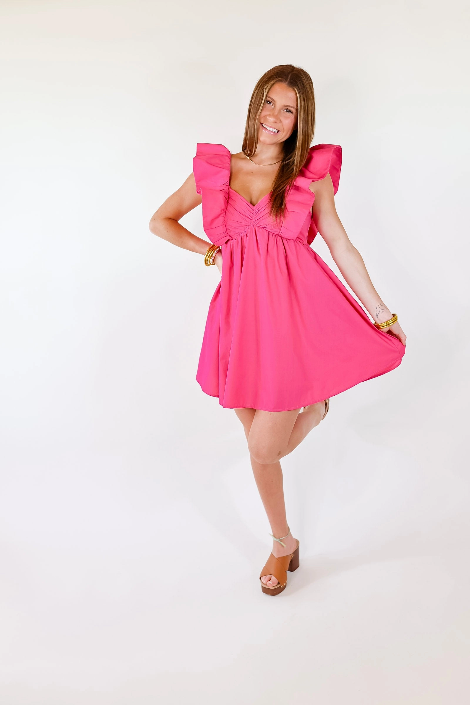 Cozy Pajamas Modern Fashion Pixie Perfect Ruffled Sleeve V Neck Dress in Pink