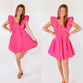 Pixie Perfect Ruffled Sleeve V Neck Dress in Pink Smooth Yarn Gentle Glow