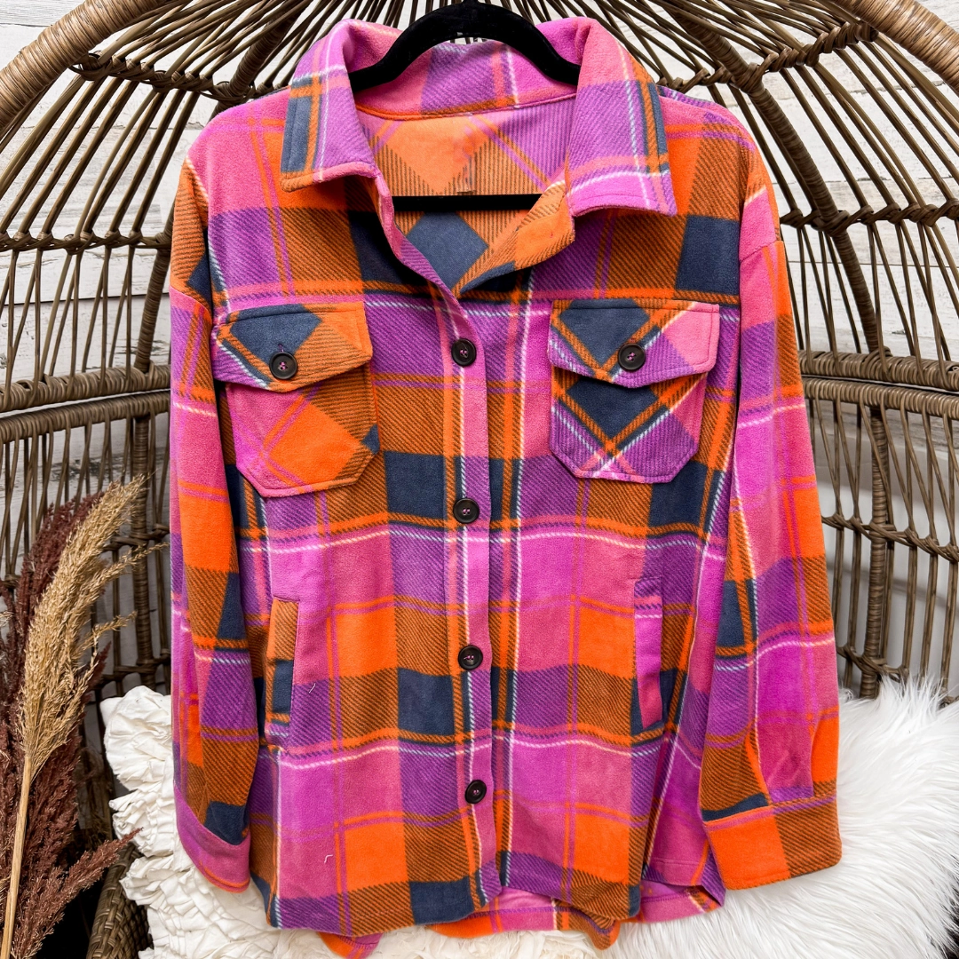 Plaid Button Up Fleece Shacket with Pockets in Pink, Orange and Navy RubberizedButtonClosures Versatile Fit Layer