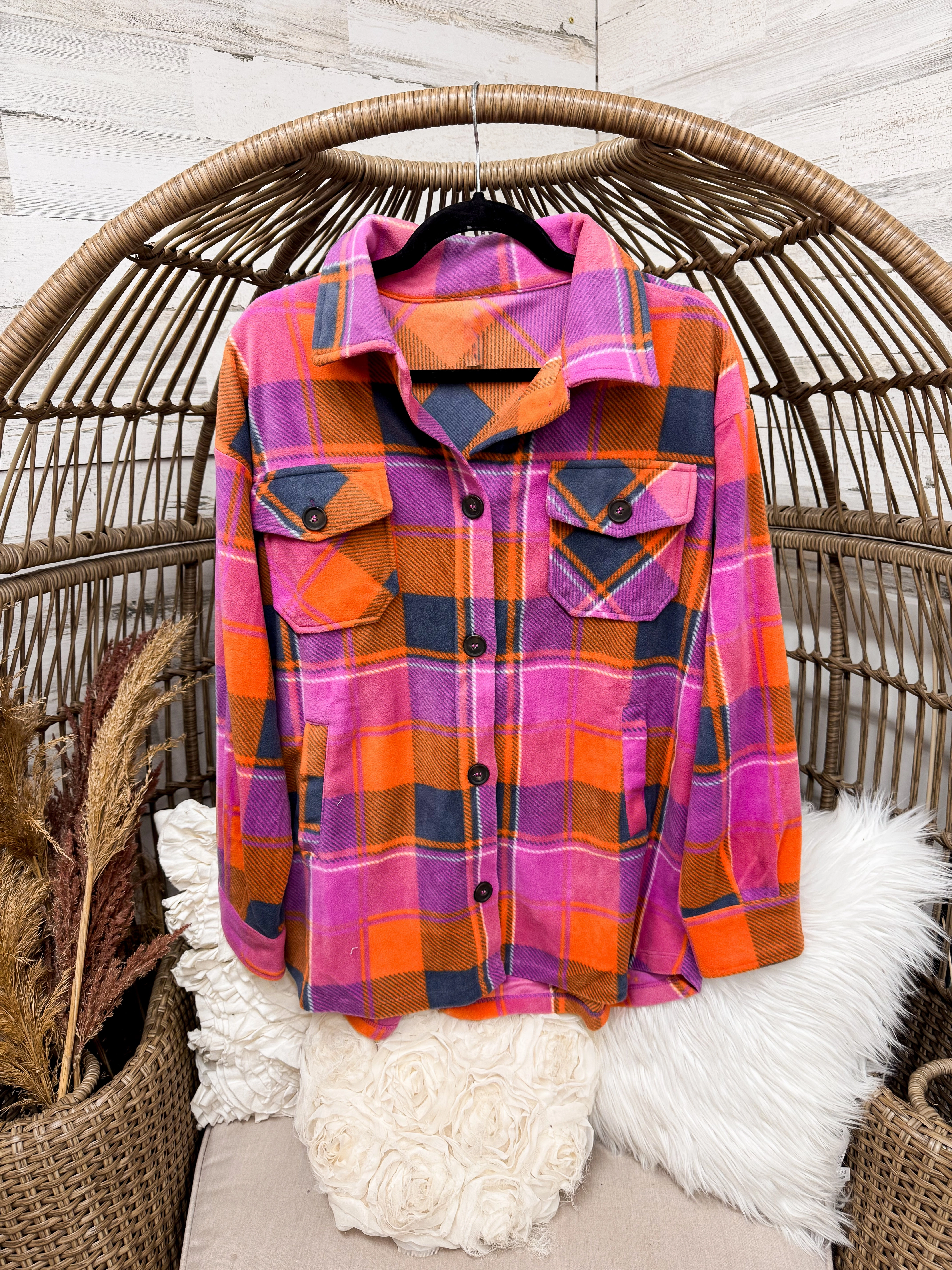 Plaid Button Up Fleece Shacket with Pockets in Pink, Orange and Navy Light Fabric