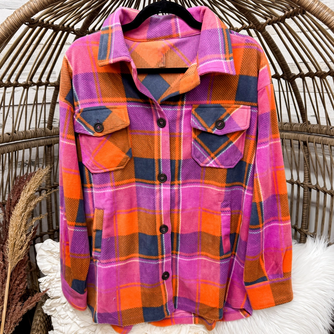 Plaid Button Up Fleece Shacket with Pockets in Pink, Orange and Navy Cool Fabric
