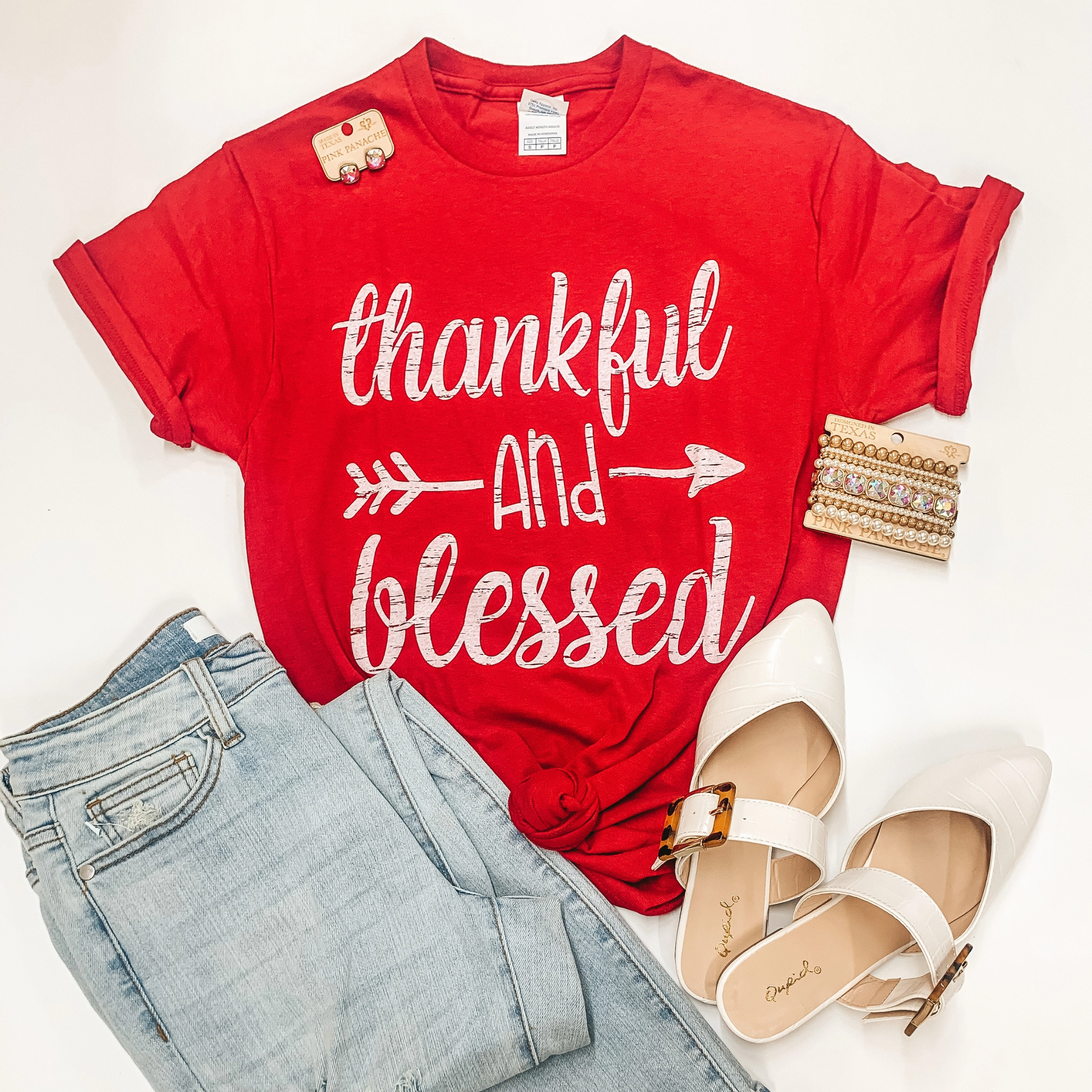 Thankful And Blessed Arrow Short Sleeve Graphic Tee in Red AntiStatic Treatment Thick Glow