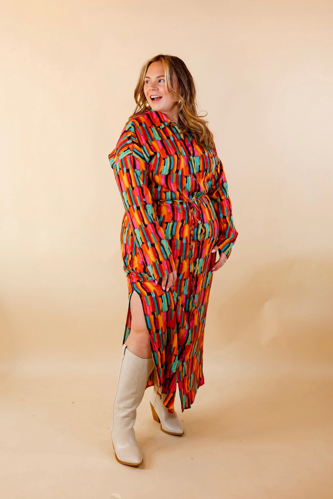 Play It Again Button Up Watercolor Maxi Dress With Embroidered Back british retro Saga Fit