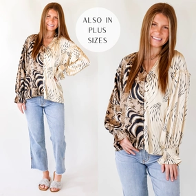 Play It Up Swirl Mix Print Satin Button Up Blouse in Ivory, Black, Tan Mix AbrasionResistant Fabric UniversalFit