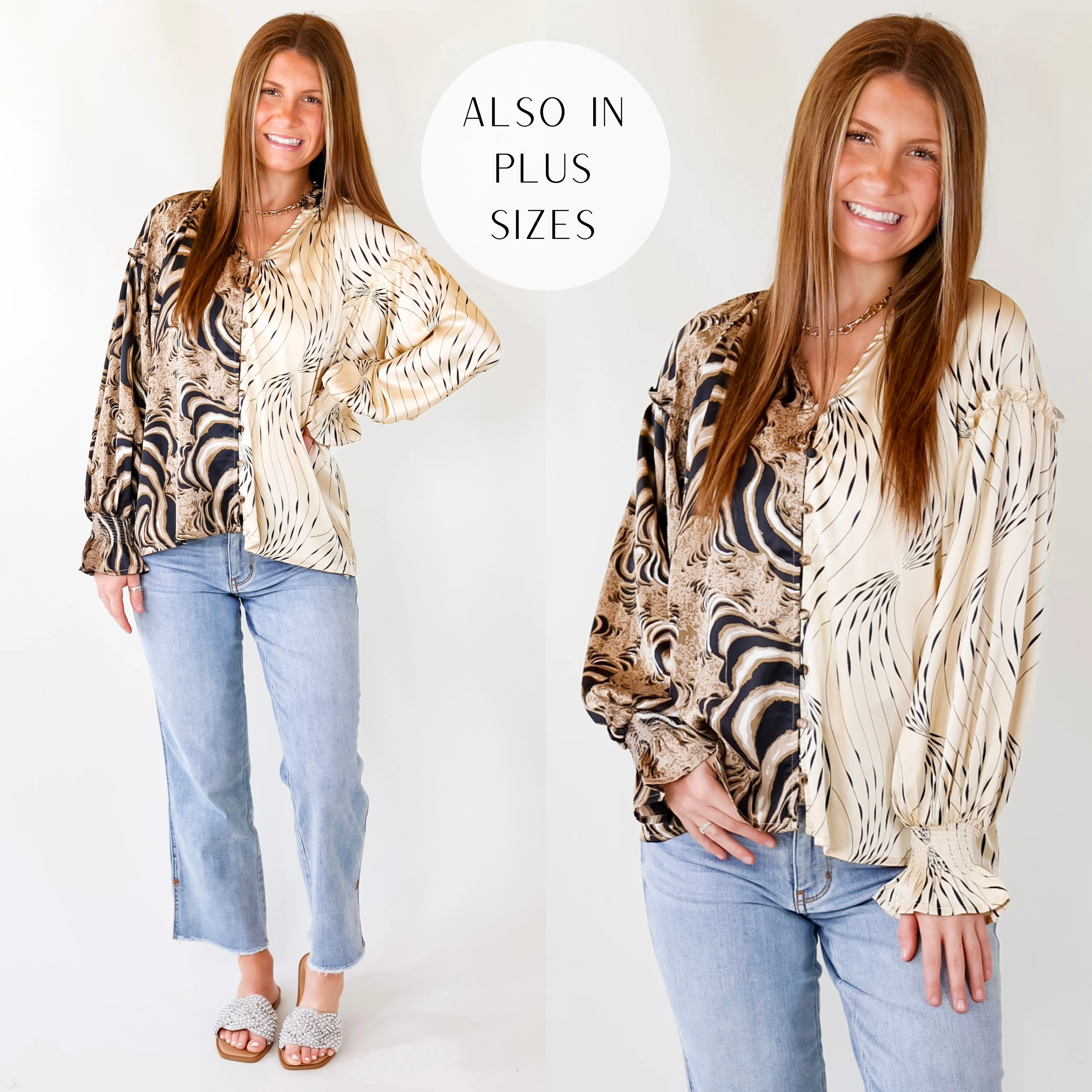Play It Up Swirl Mix Print Satin Button Up Blouse in Ivory, Black, Tan Mix AbrasionResistant Fabric UniversalFit
