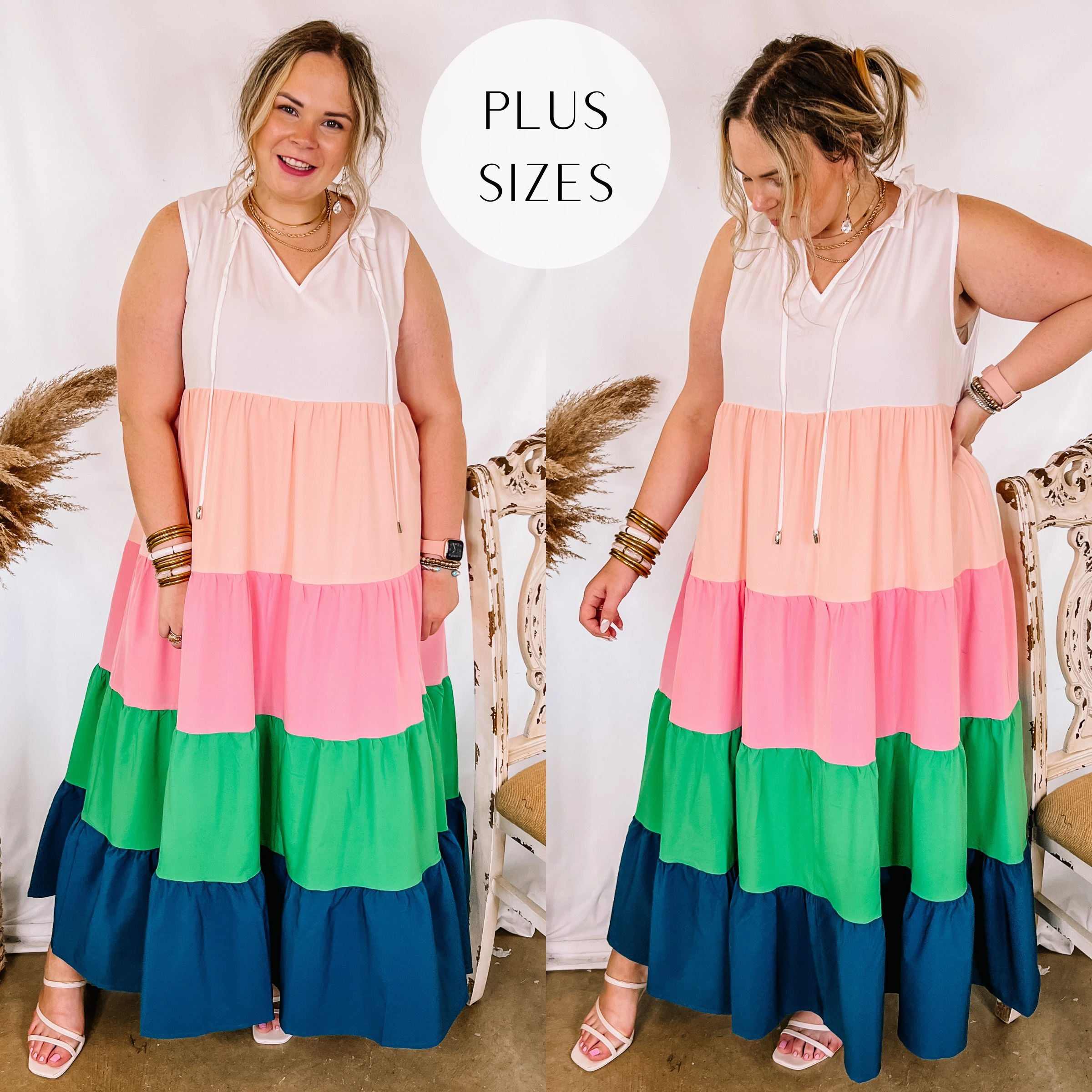 Plus Sizes | Calm Waters High Neck Tiered Maxi Dress in White Mix Must Have Timeless Wear