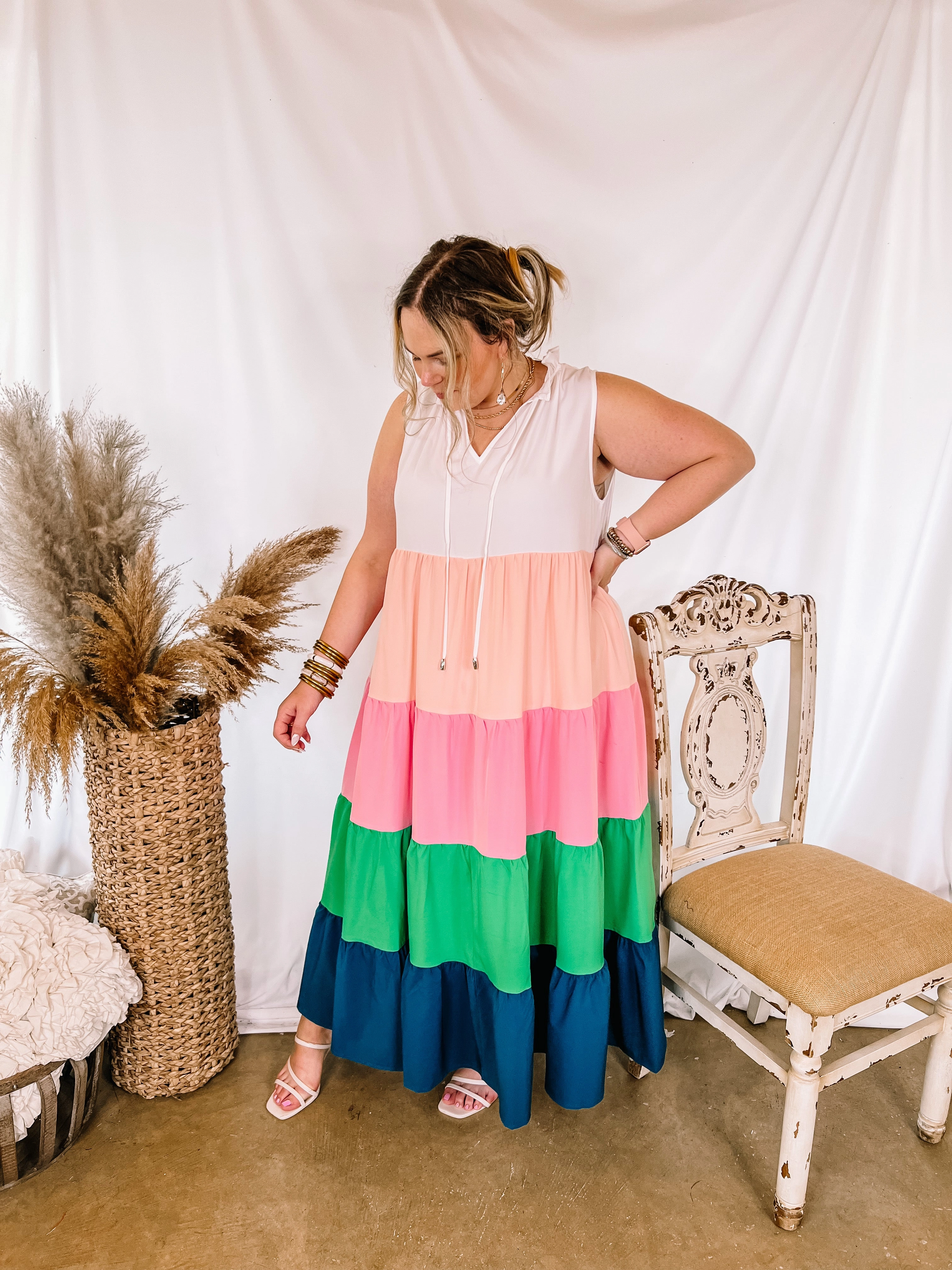 Plus Sizes | Calm Waters High Neck Tiered Maxi Dress in White Mix Art Event
