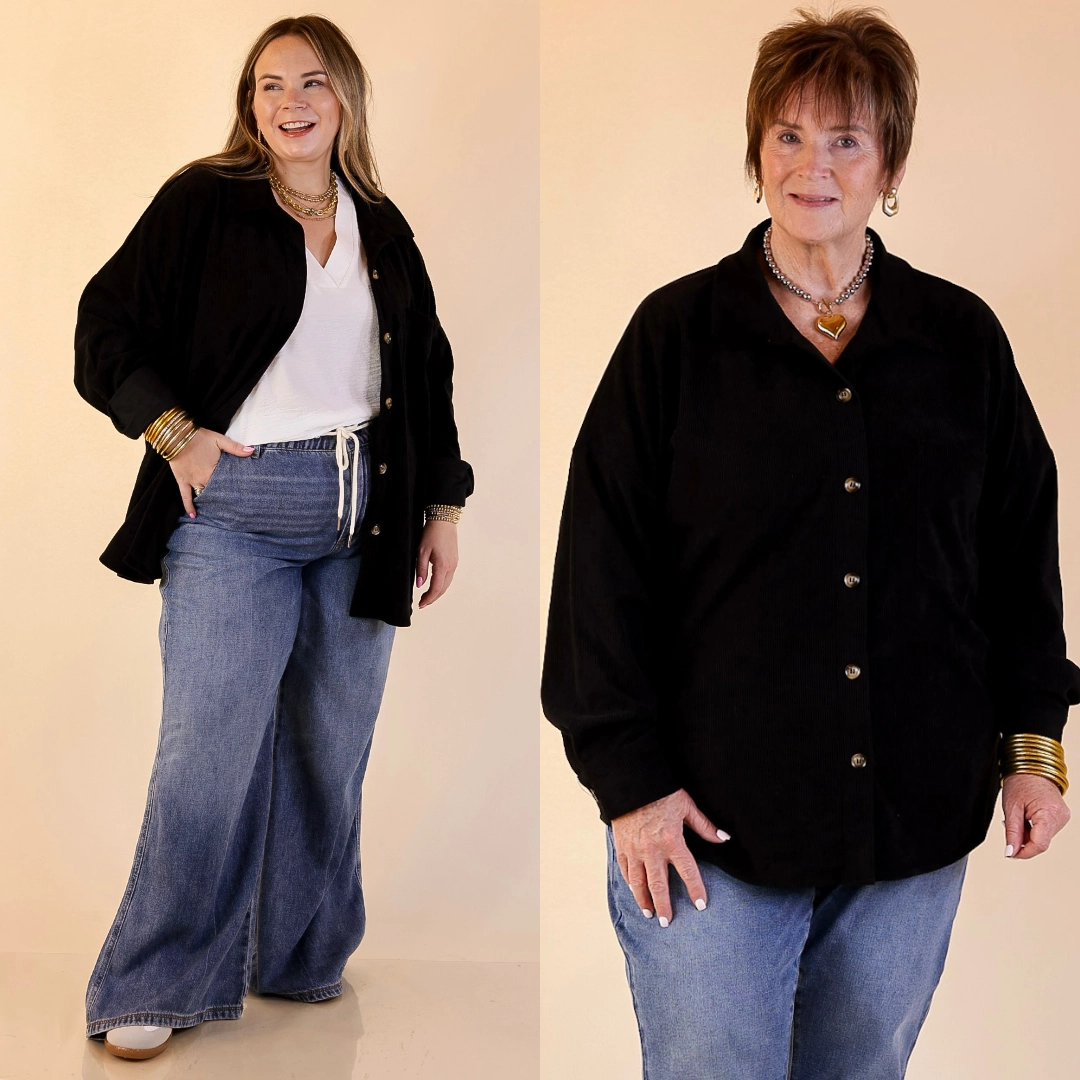 Seam Sealed Construction Flexible Fleece Lining Plus Sizes | Captivating Cuteness Corduroy Button Up Shacket in Black