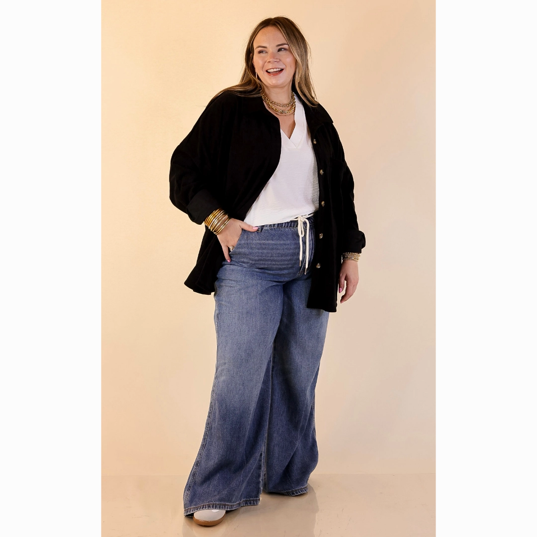 Stretch Knit Fabric Minimalist Design Plus Sizes | Captivating Cuteness Corduroy Button Up Shacket in Black