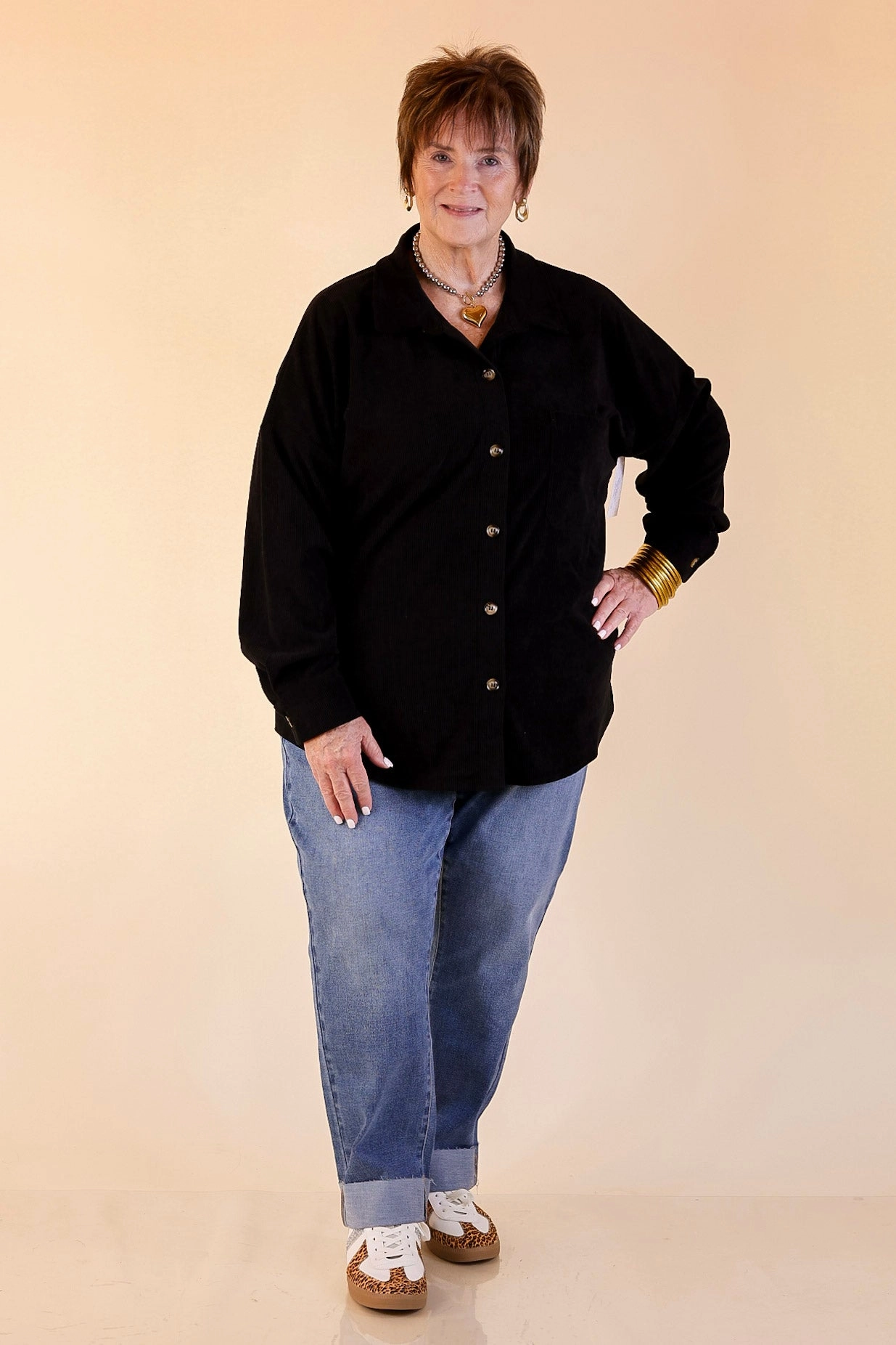 Eco friendly materials Plus Sizes | Captivating Cuteness Corduroy Button Up Shacket in Black