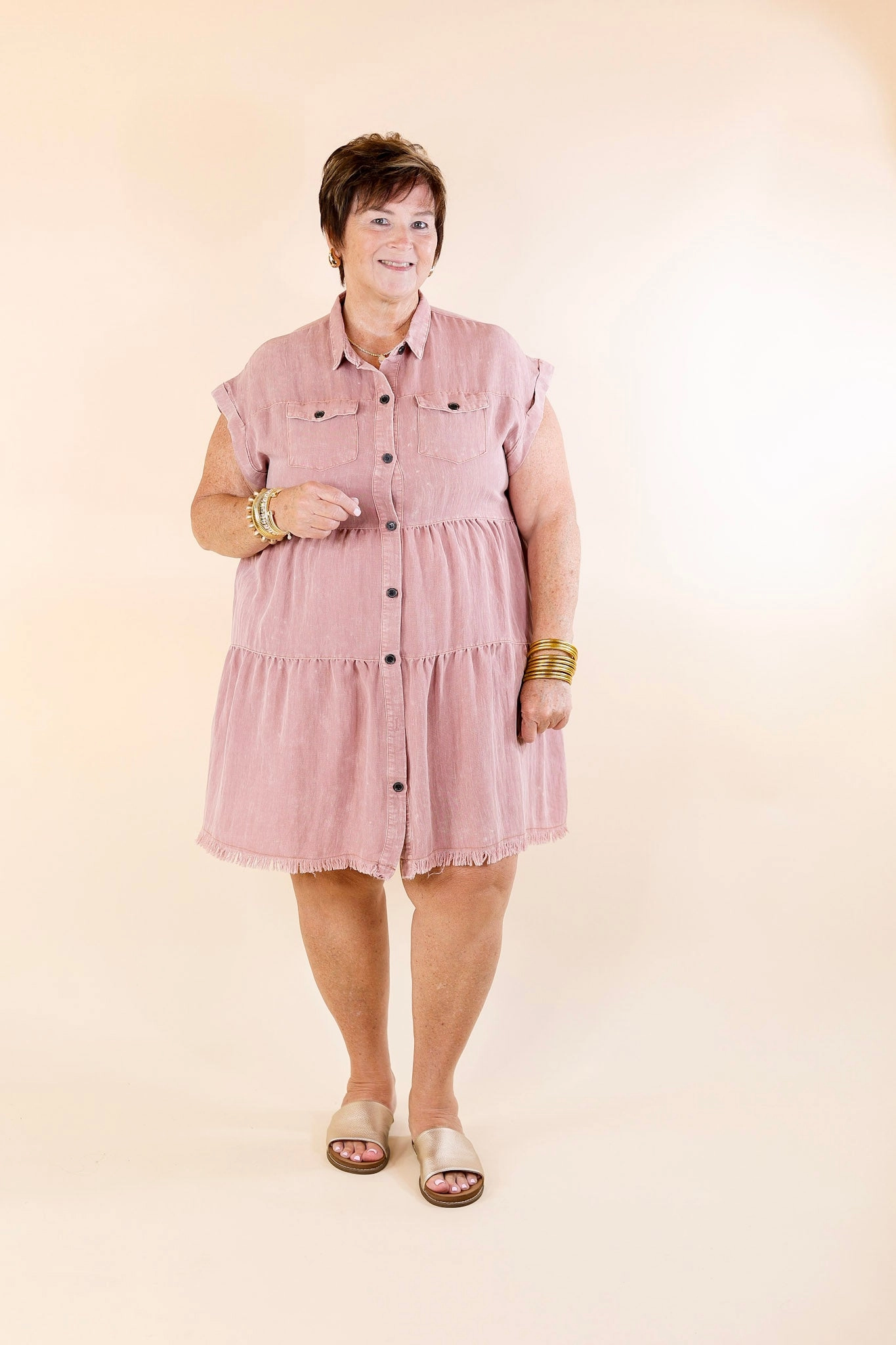 WrinkleResistantFabric Inner Glow Plus Sizes | Oh Darling Ruffle Tiered Button Up Dress in Dark Mauve Pink