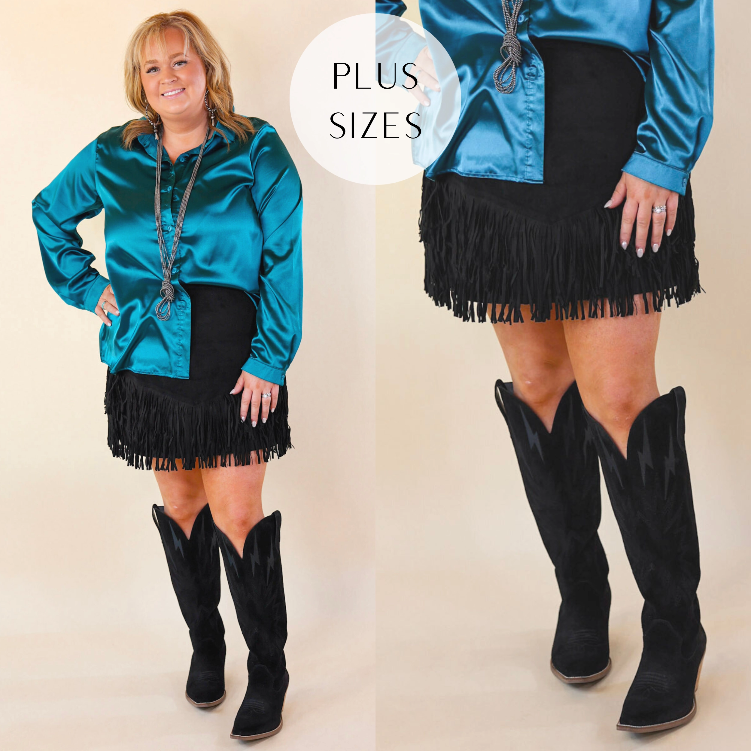 Adjustable Drawcord Plus Sizes | Pep Into Your Step Suede Fringe Skirt in Black