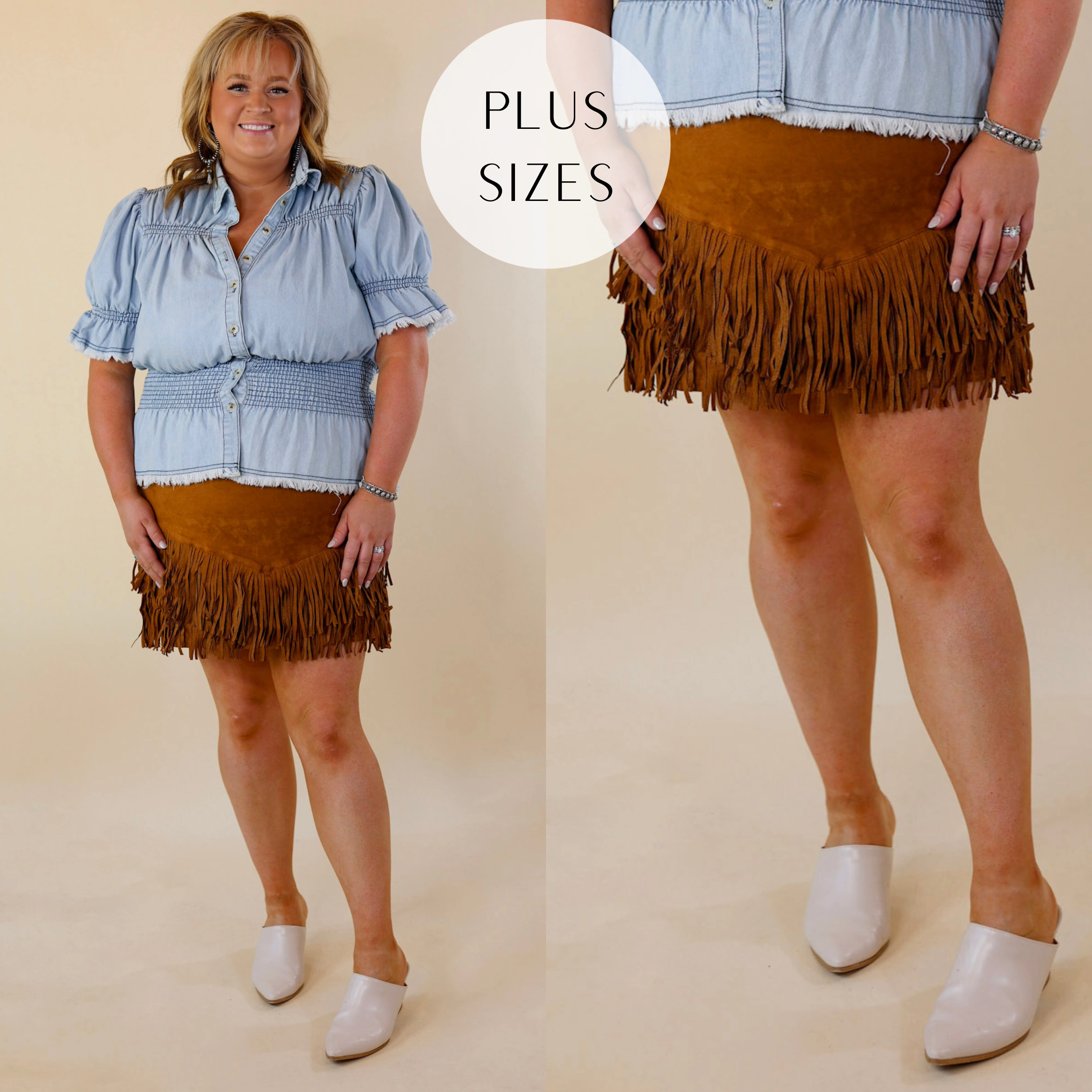 Plus Sizes | Pep Into Your Step Suede Fringe Skirt in Camel Brown Weatherproof Outerwear Noble Core