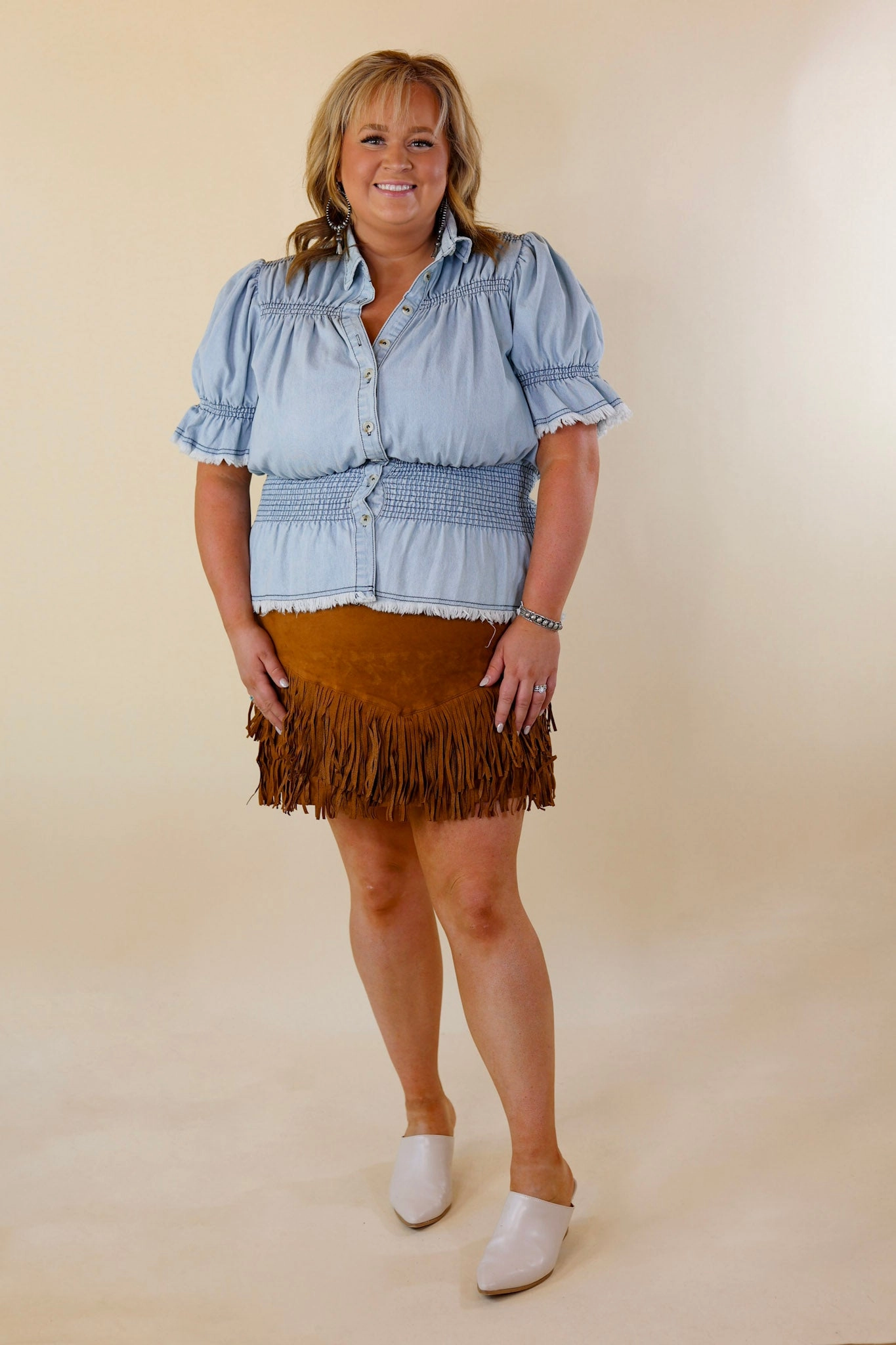 Plus Sizes | Pep Into Your Step Suede Fringe Skirt in Camel Brown Professional Clothing City Soul