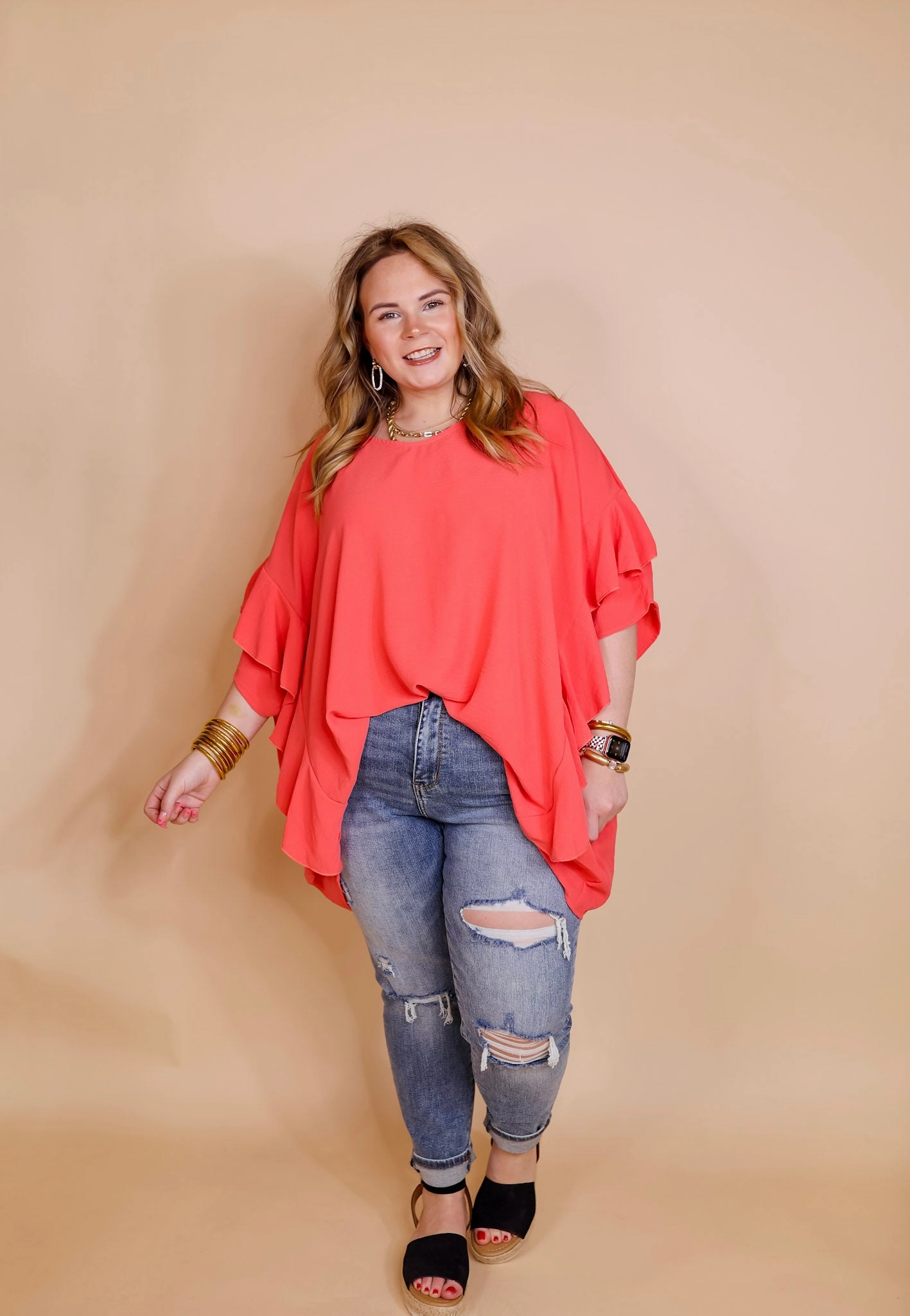 Everyday Layer Plus Sizes | Sip of Spring Ruffle Sleeve Shift Top with V Neckline in Coral Pink