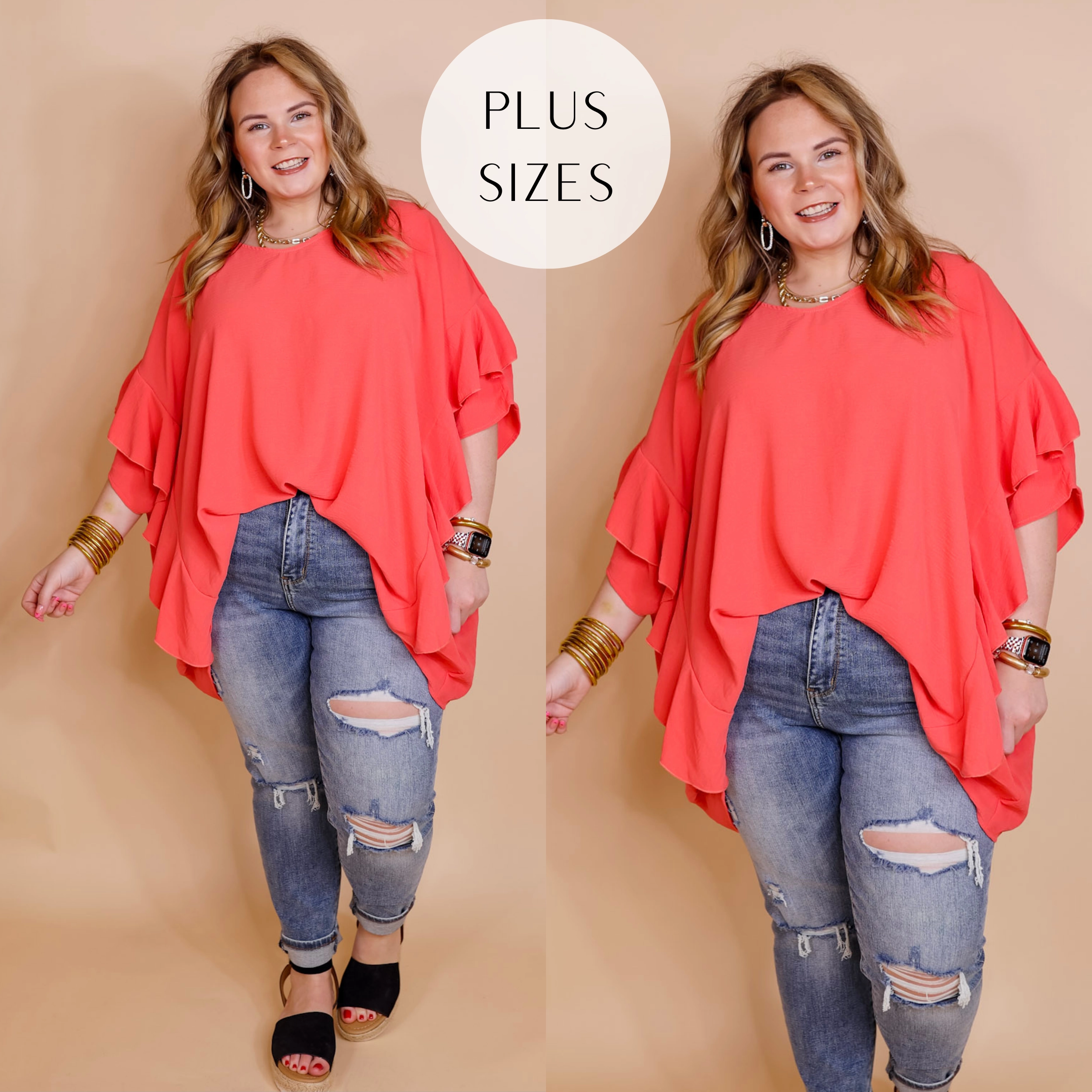 MultiPocket Thermal Insulation Plus Sizes | Sip of Spring Ruffle Sleeve Shift Top with V Neckline in Coral Pink